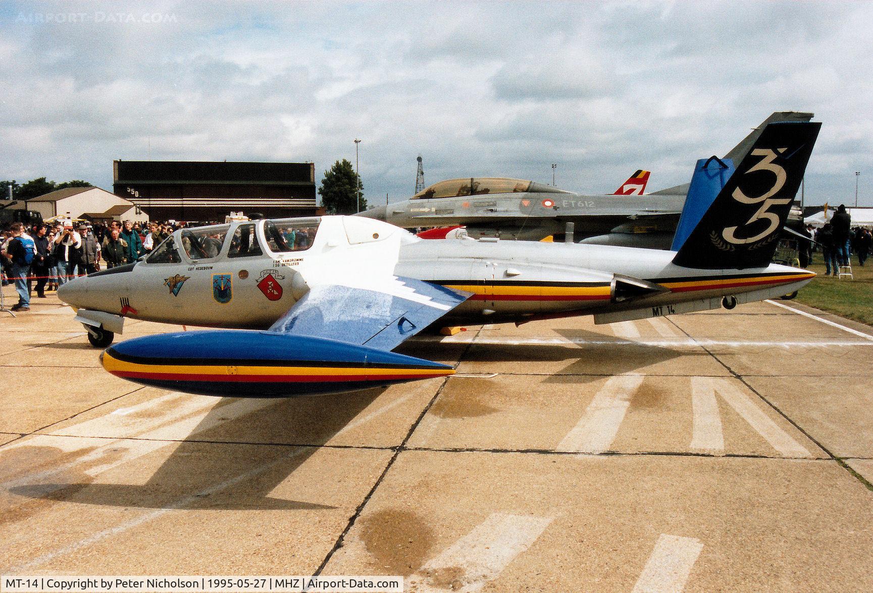 MT-14, Fouga CM-170R Magister C/N 271, Belgian Air Force CM-170R Magister of 33 Squadron in 35th Anniversary markings on display at the 1995 RAF Mildenhall Air Fete.