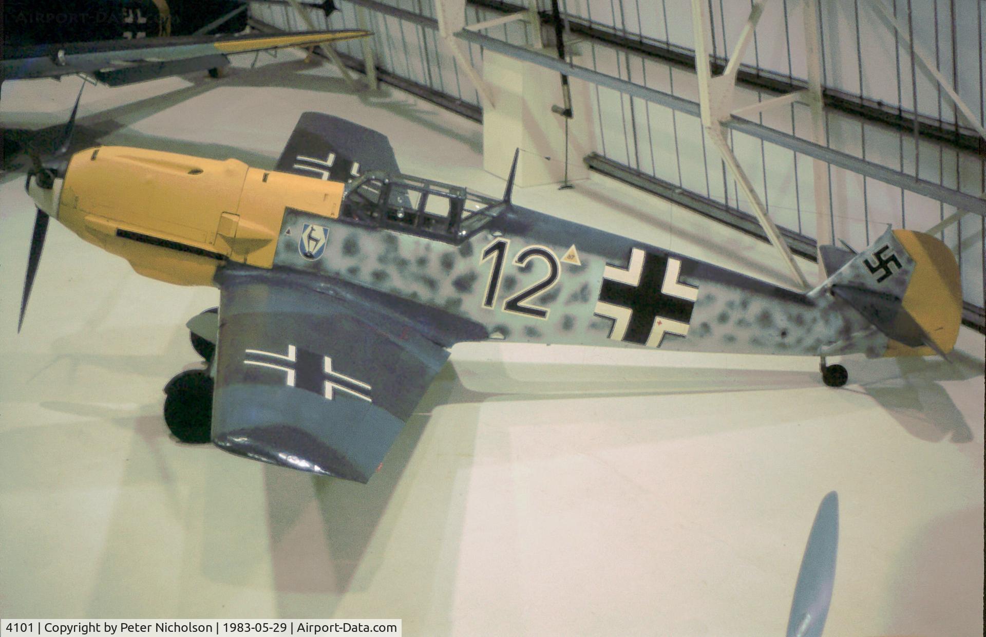 4101, 1940 Messerschmitt Bf-109E-3/B C/N 4101, Bf-109E known as Black 12 on display at the RAF Museum at Hendon as seen in May 1983.