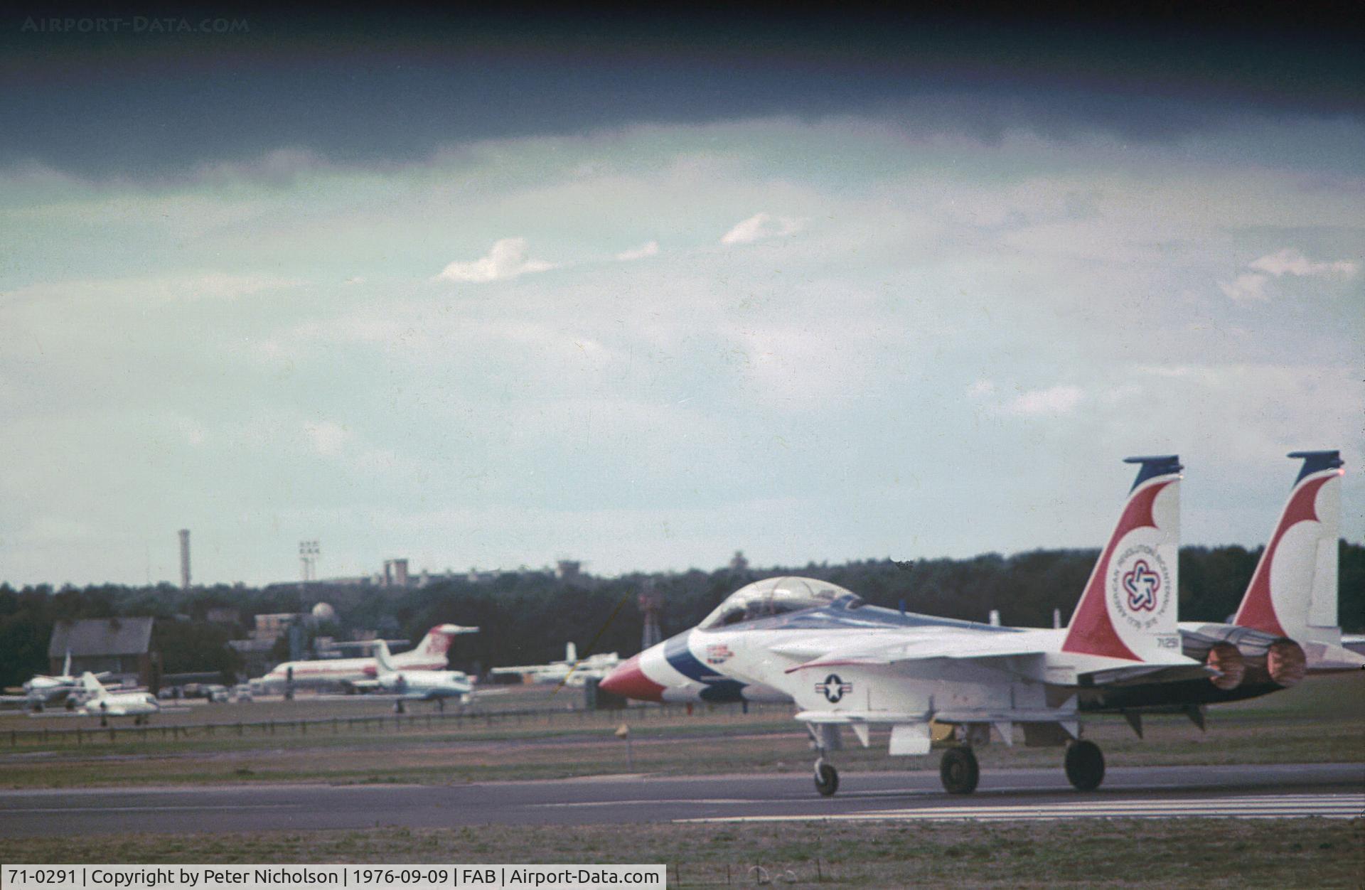 71-0291, 1973 McDonnell Douglas F-15B-4-MC Eagle C/N 0012/B002, Then known as a TF-15A Eagle, McDonnell Douglas demonstrated this aircraft at the 1976 SBAC Farnborough Airshow and is here preparing to take off.