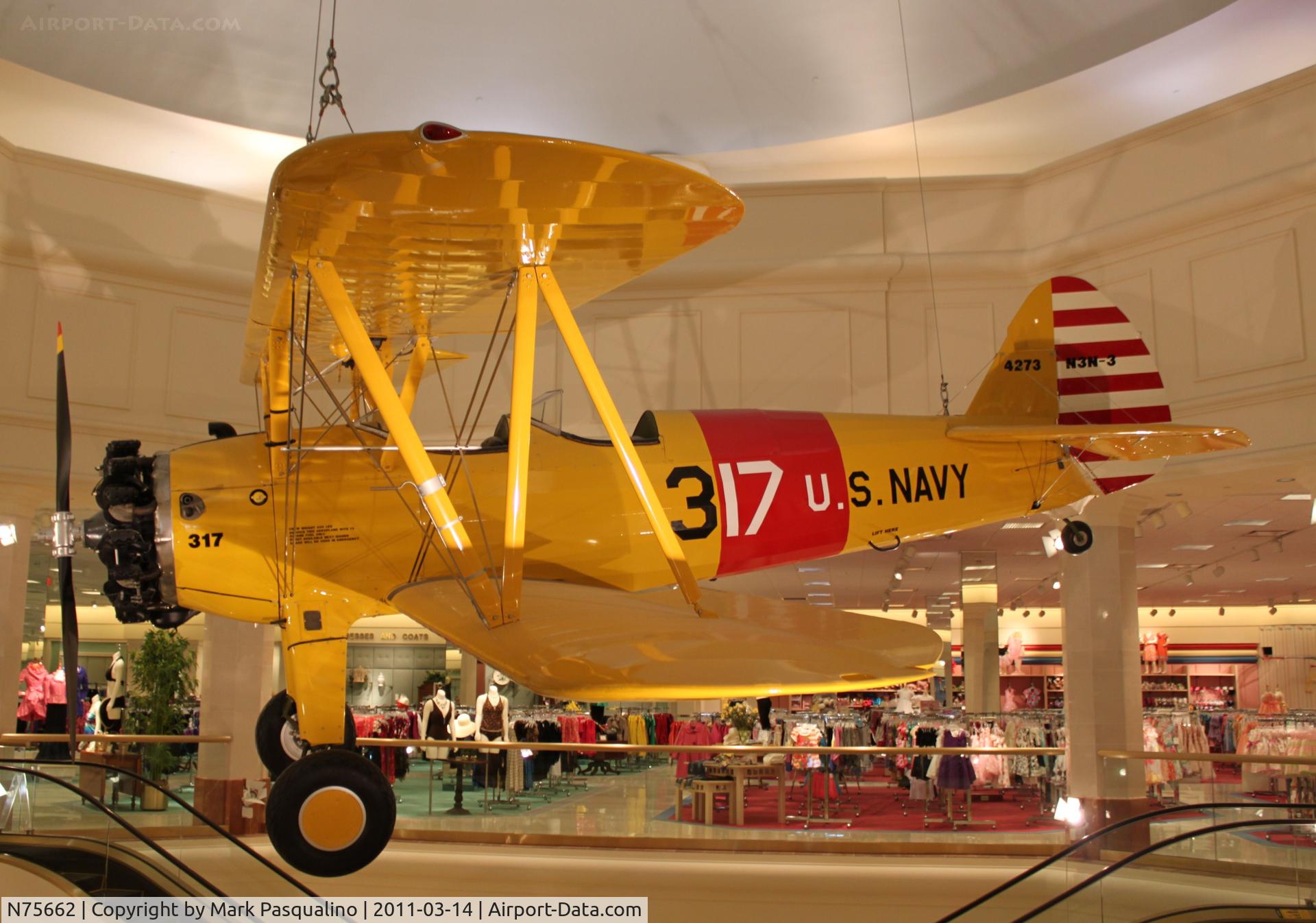 N75662, Boeing A75N1 C/N 75-5621, Stearman on display at Von Maur Department Store at the former Glenview NAS