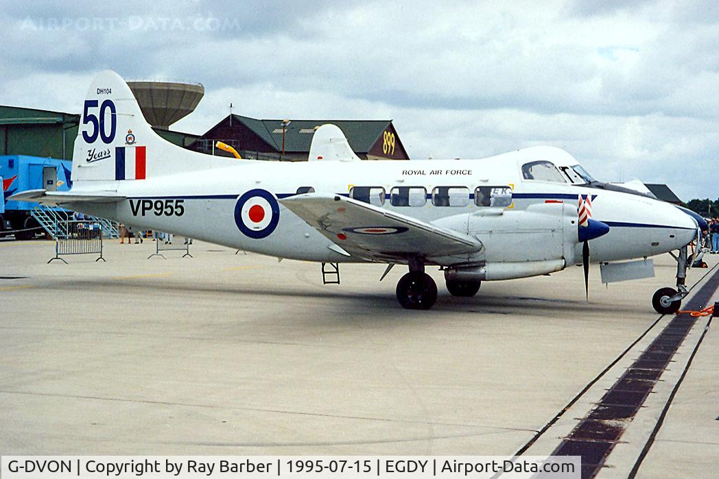 G-DVON, 1948 De Havilland DH-104 Dove 8 C/N 04201, De Havilland DH.104 Devon C2/2 [04201] RNAS Yeovilton~G 15/07/1995. Still wears former military marks of VP955.