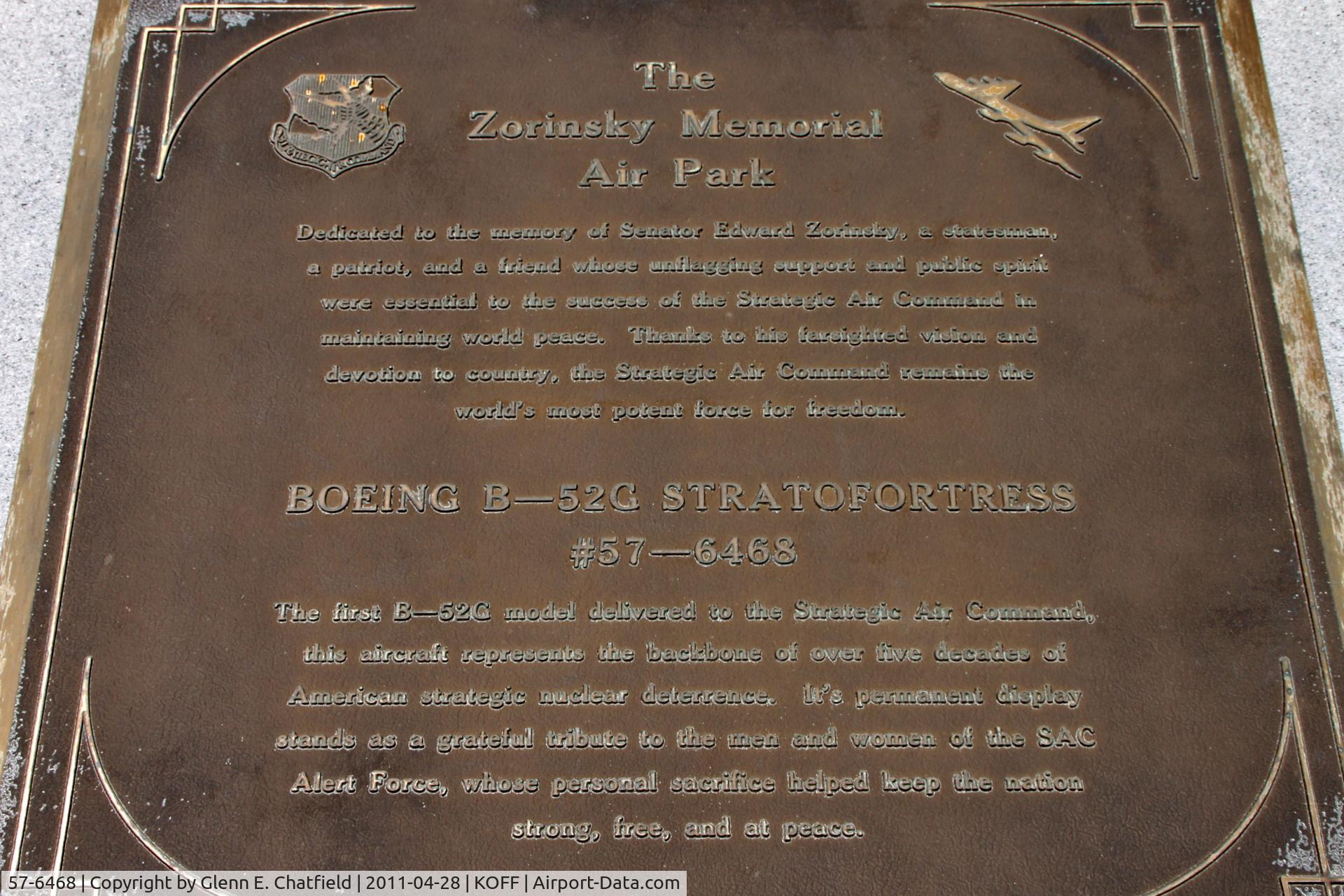57-6468, 1957 Boeing B-52G Stratofortress C/N 464173, Plaque in front of the plane