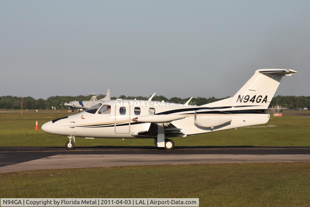 N94GA, 2007 Eclipse Aviation Corp EA500 C/N 000072, Eclipse EA500 with some minor damage, but will fly out of Lakeland.  It was damaged when a small aircraft was flipped onto it by the March 31, 2011 tornado that went thru Sun N Fun