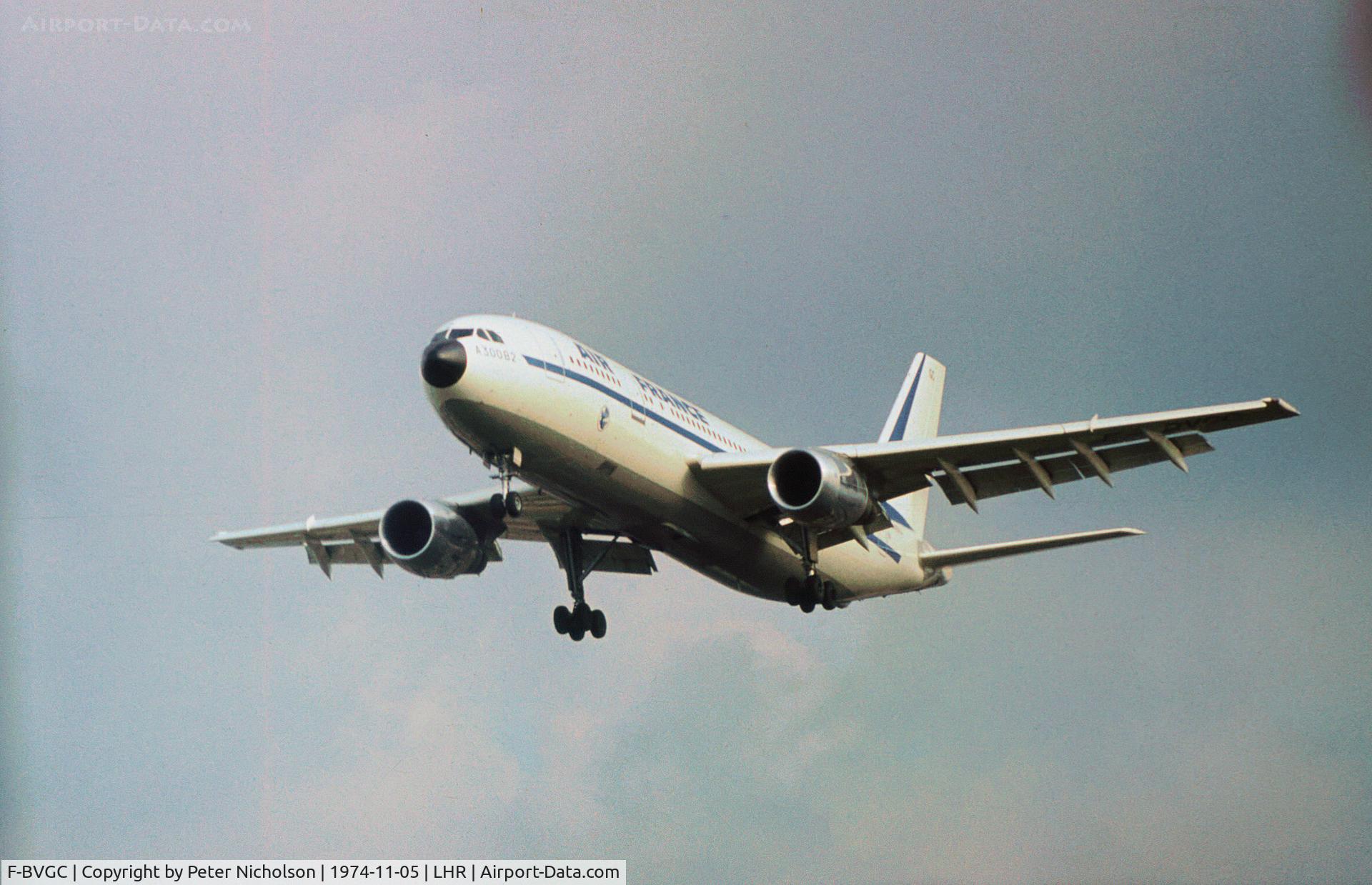 F-BVGC, 1974 Airbus A300B2-1C C/N 7, A300B2 of Air France on final approach to Heathrow in November 1974.