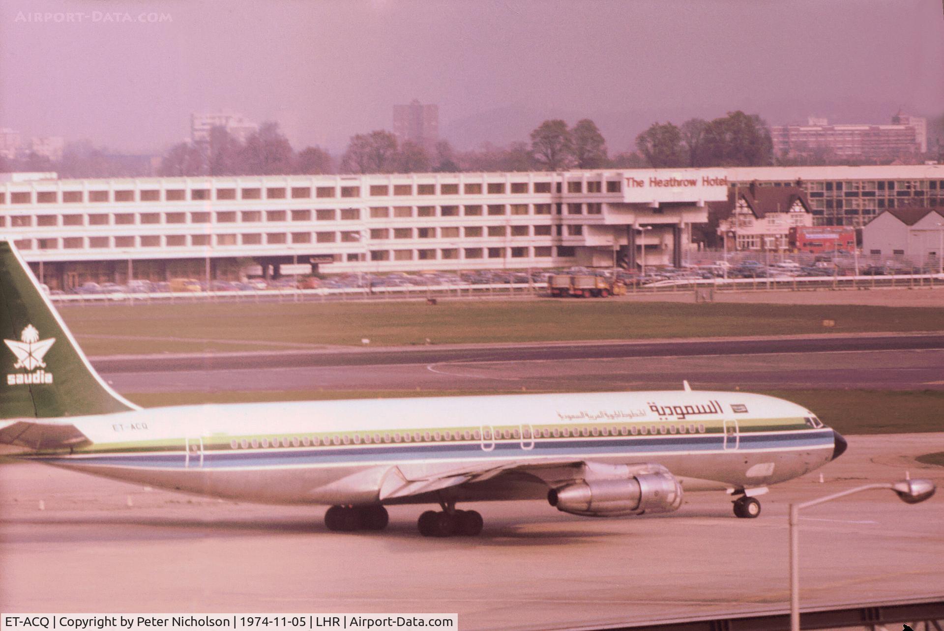 ET-ACQ, 1968 Boeing 707-379C C/N 19820, Boeing 707-379C of Saudia Airlines on lease from Ethiopean Airlines as seen at Heathrow in November 1974.
