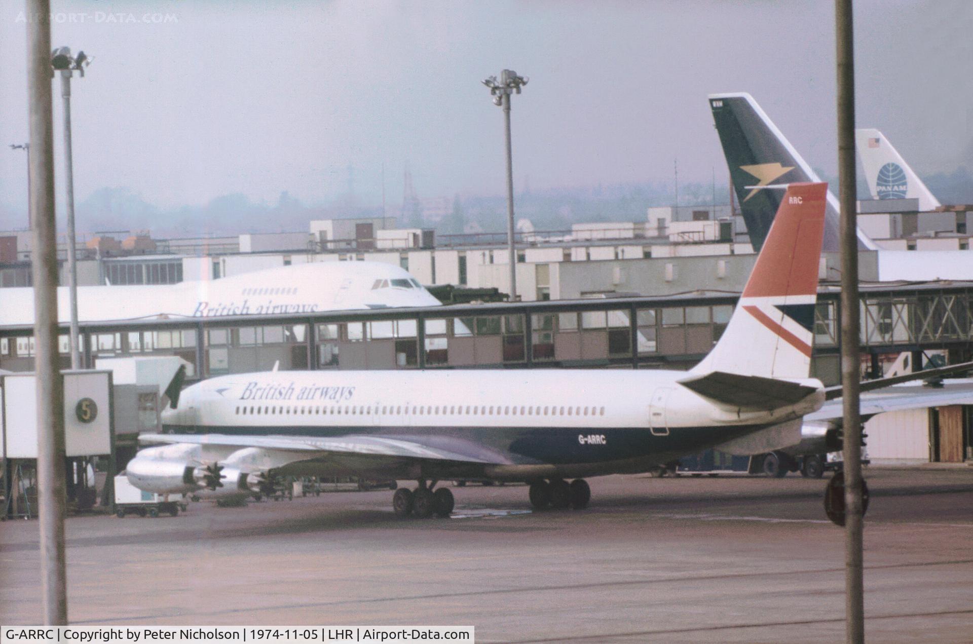 G-ARRC, 1963 Boeing 707-436 C/N 18413, Boeing 707-436 of British Airways at the terminal at Heathrow in November 1974.