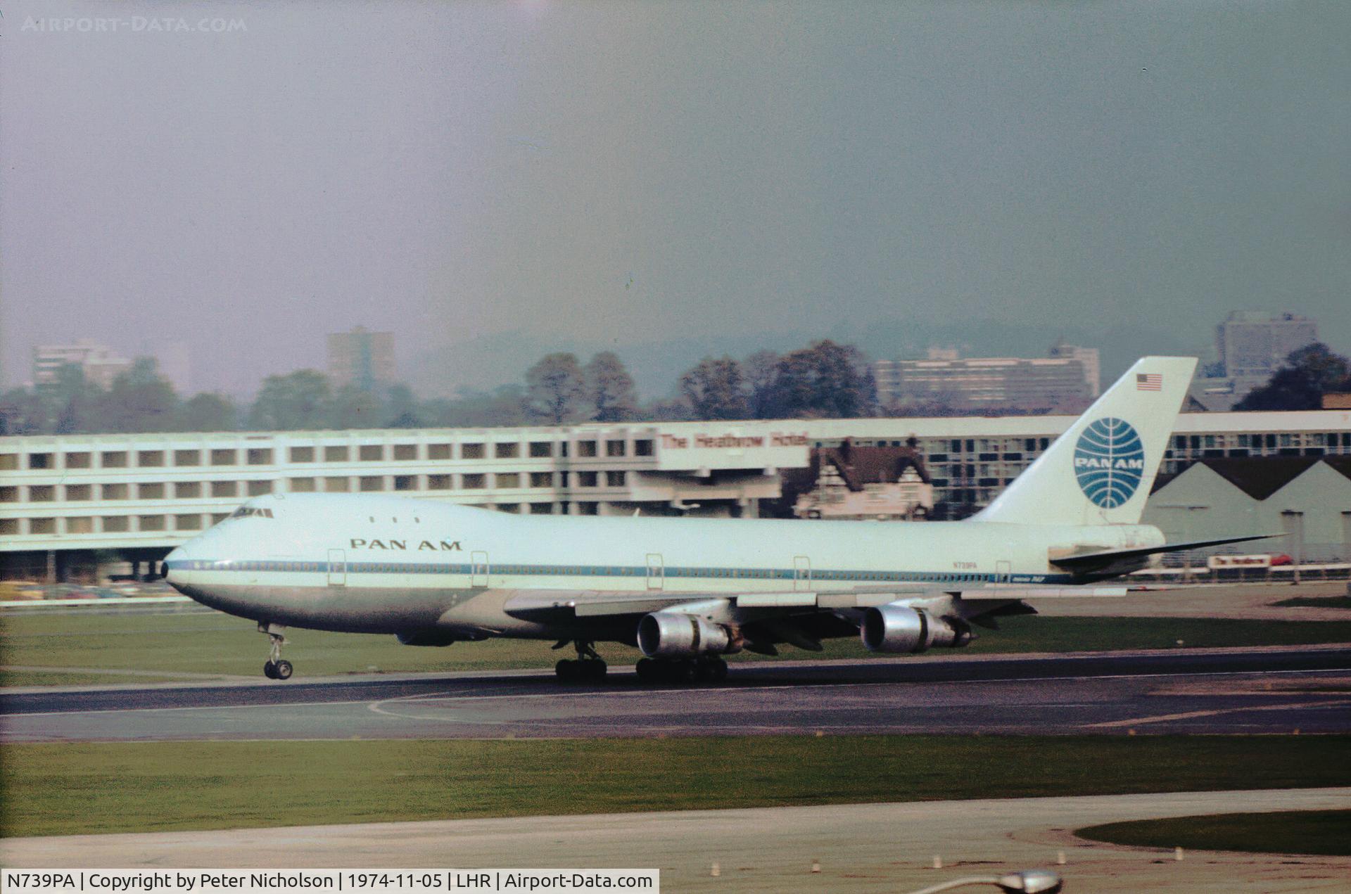 N739PA, 1969 Boeing 747-121 C/N 19646, Boeing 747-121 named Clipper Maid of the Seas of Pan American World Airways at Heathrow in November 1974.