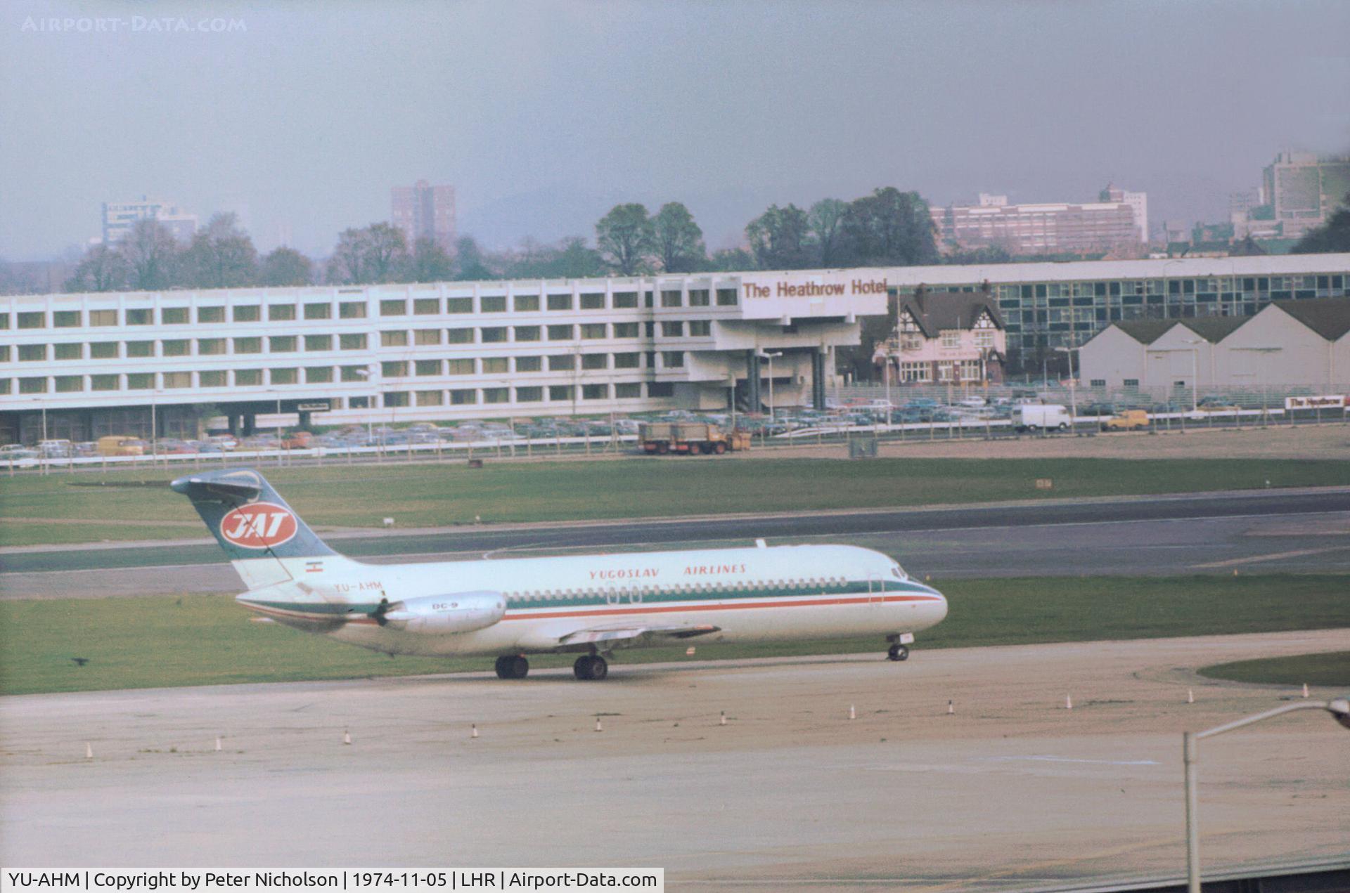YU-AHM, 1970 Douglas DC-9-32 C/N 47469, DC-9-32 of Yugoslav Airlines JAT at Heathrow in November 1974.