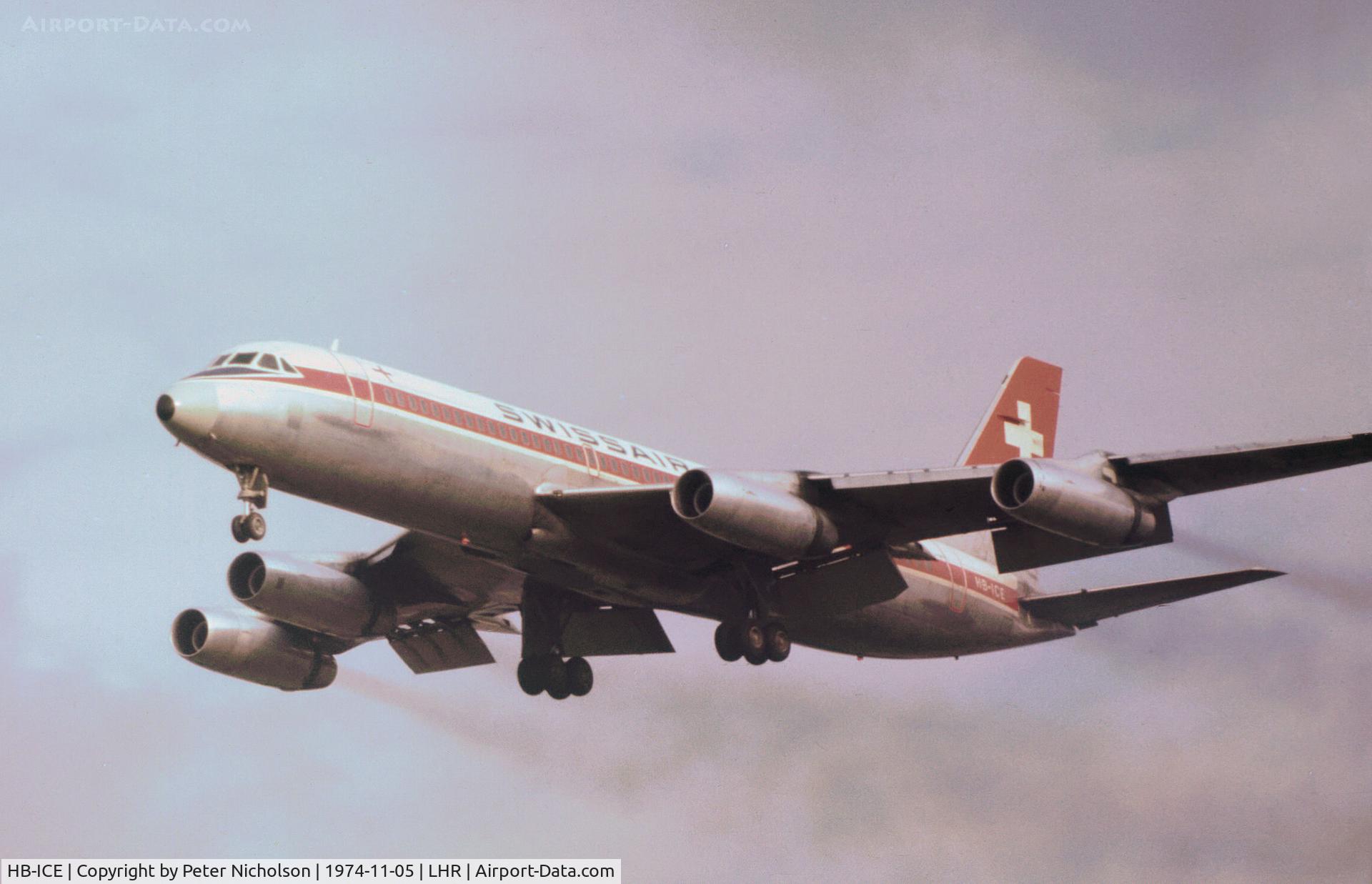 HB-ICE, 1962 Convair CV-990-30A-6 Coronado C/N 30-10-14, Swissair Coronado on final approach to Heathrow in November 1974.