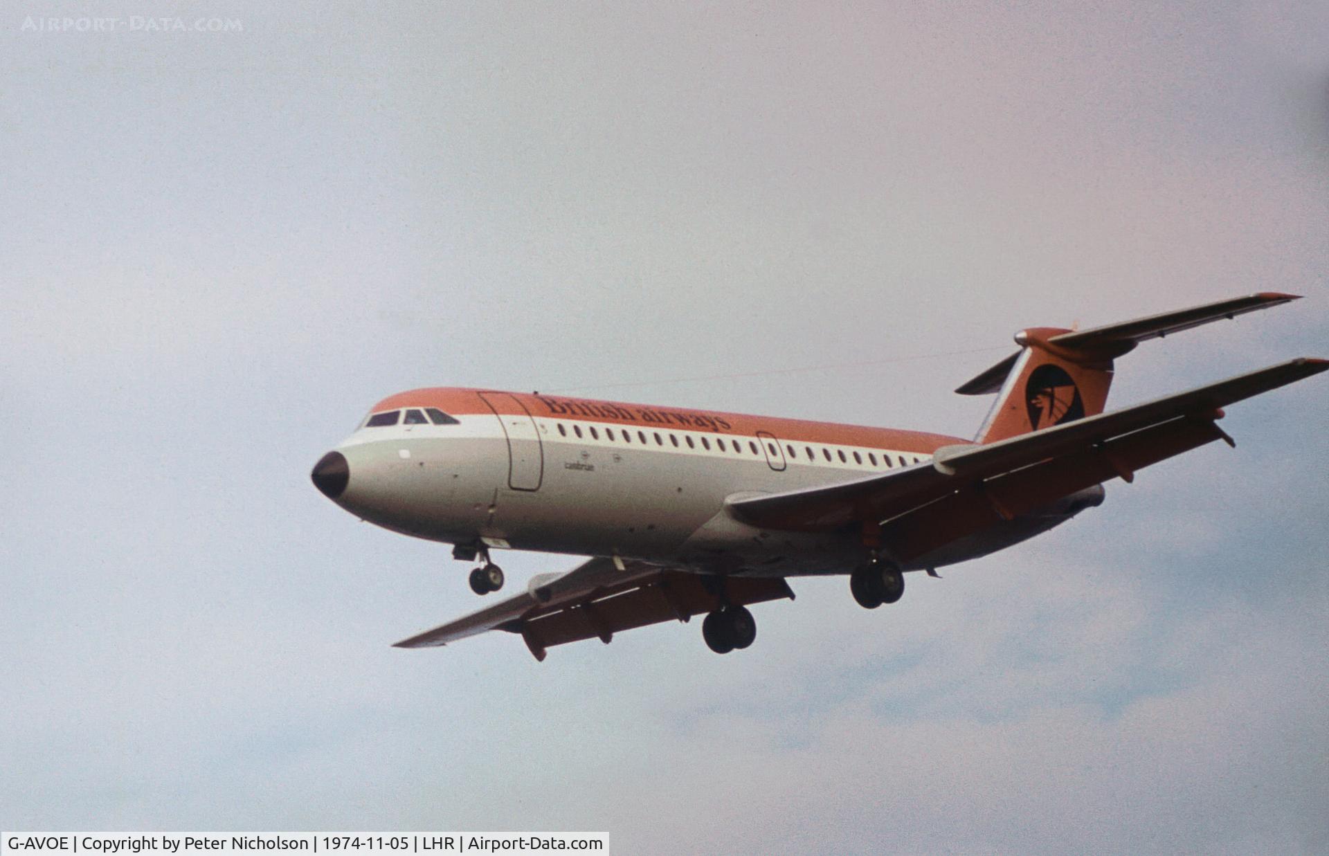 G-AVOE, 1968 BAC 111-416EK One-Eleven C/N BAC.129, One Eleven 416 of British Airways Cambrian Division on final approach to Heathrow in November 1974.
