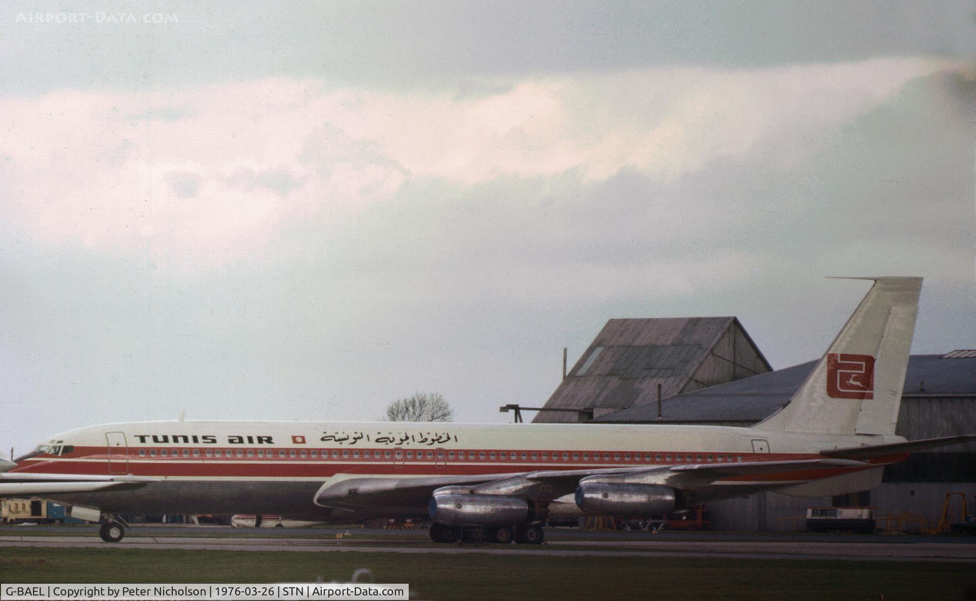 G-BAEL, 1959 Boeing 707-321 C/N 17602, Boeing 707-321 of British Midland Airways on lease to Tunis Air seen at Stansted in March 1976.