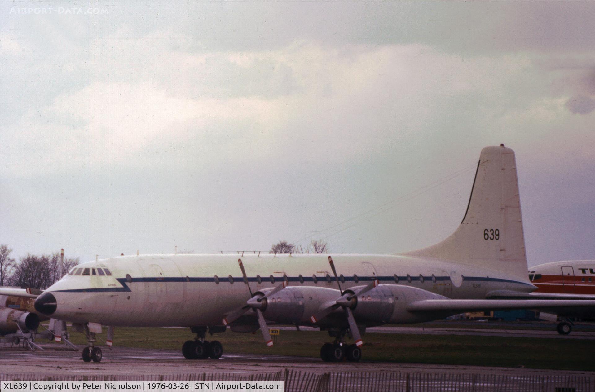 XL639, 1960 Bristol Britannia C.1 (175 Britannia 253F) C/N 13448, Britannia C.1 retired from active service seen at Stansted in March 1976.