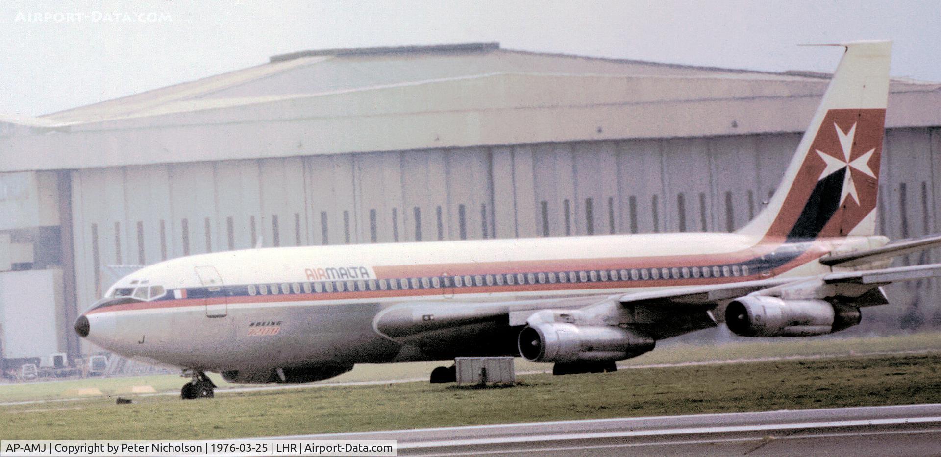 AP-AMJ, 1962 Boeing 720-040B C/N 18380, Boeing 720-040B of Air Malta at Heathrow in March 1976.