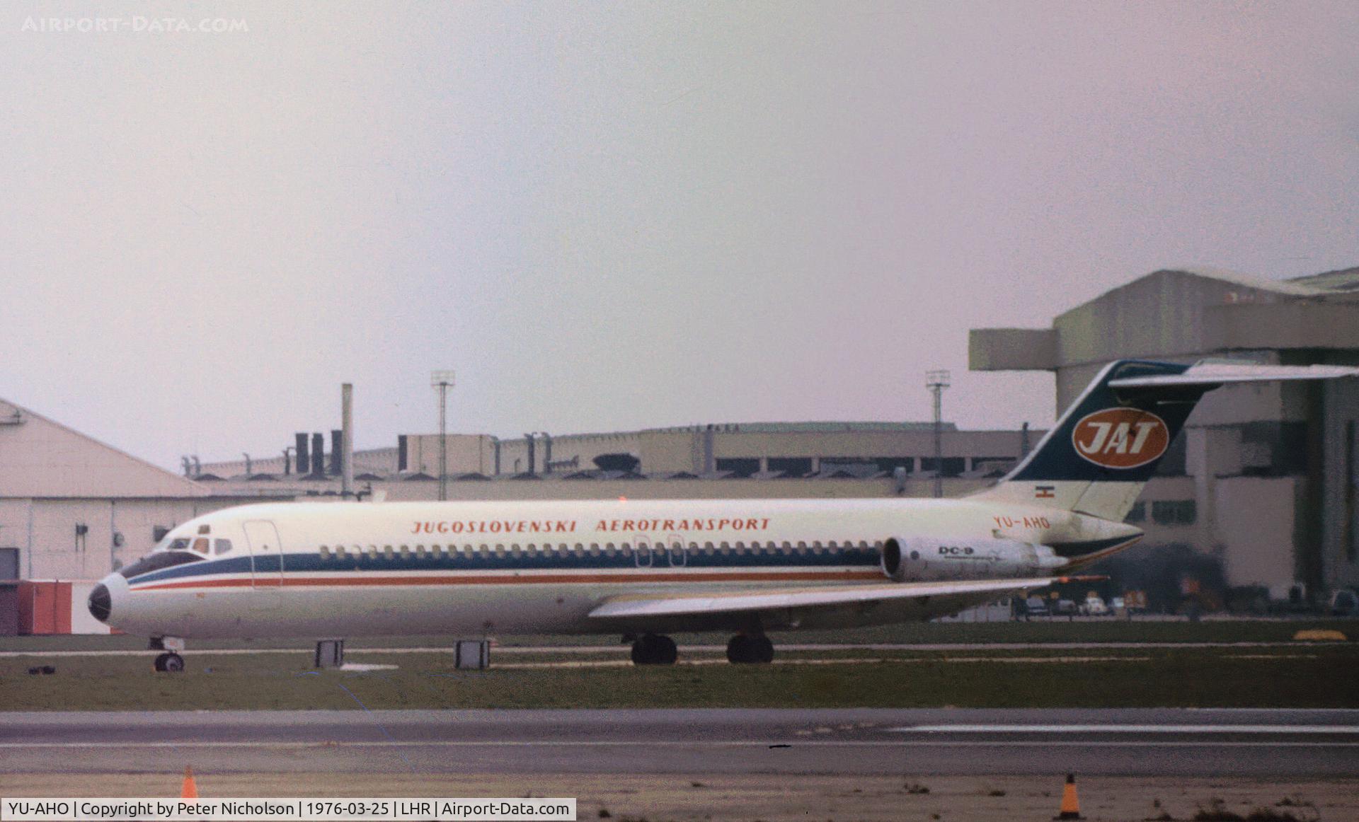 YU-AHO, 1970 Douglas DC-9-32 C/N 47472, DC-9-32 of Yugoslav airlines JAT seen at Heathrow in March 1976.