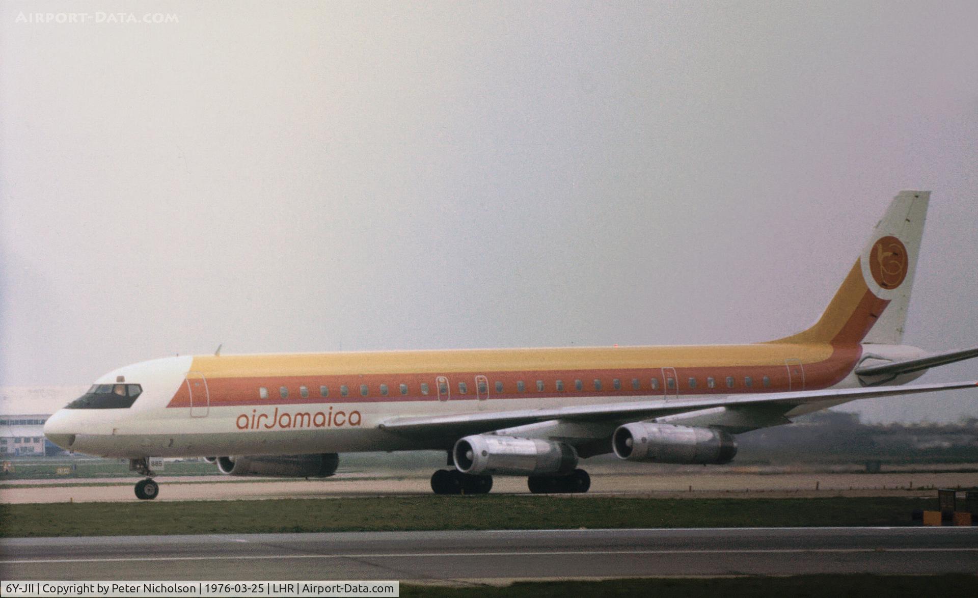 6Y-JII, 1969 Douglas DC-8-62 C/N 46084, DC-8-62 of Air Jamaica seen at Heathrow in March 1976.