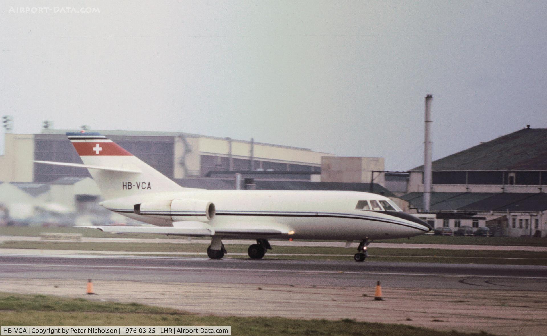 HB-VCA, 1969 Dassault Mystere 20DC C/N 208, Mystere 20DC seen at Heathrow in March 1976.