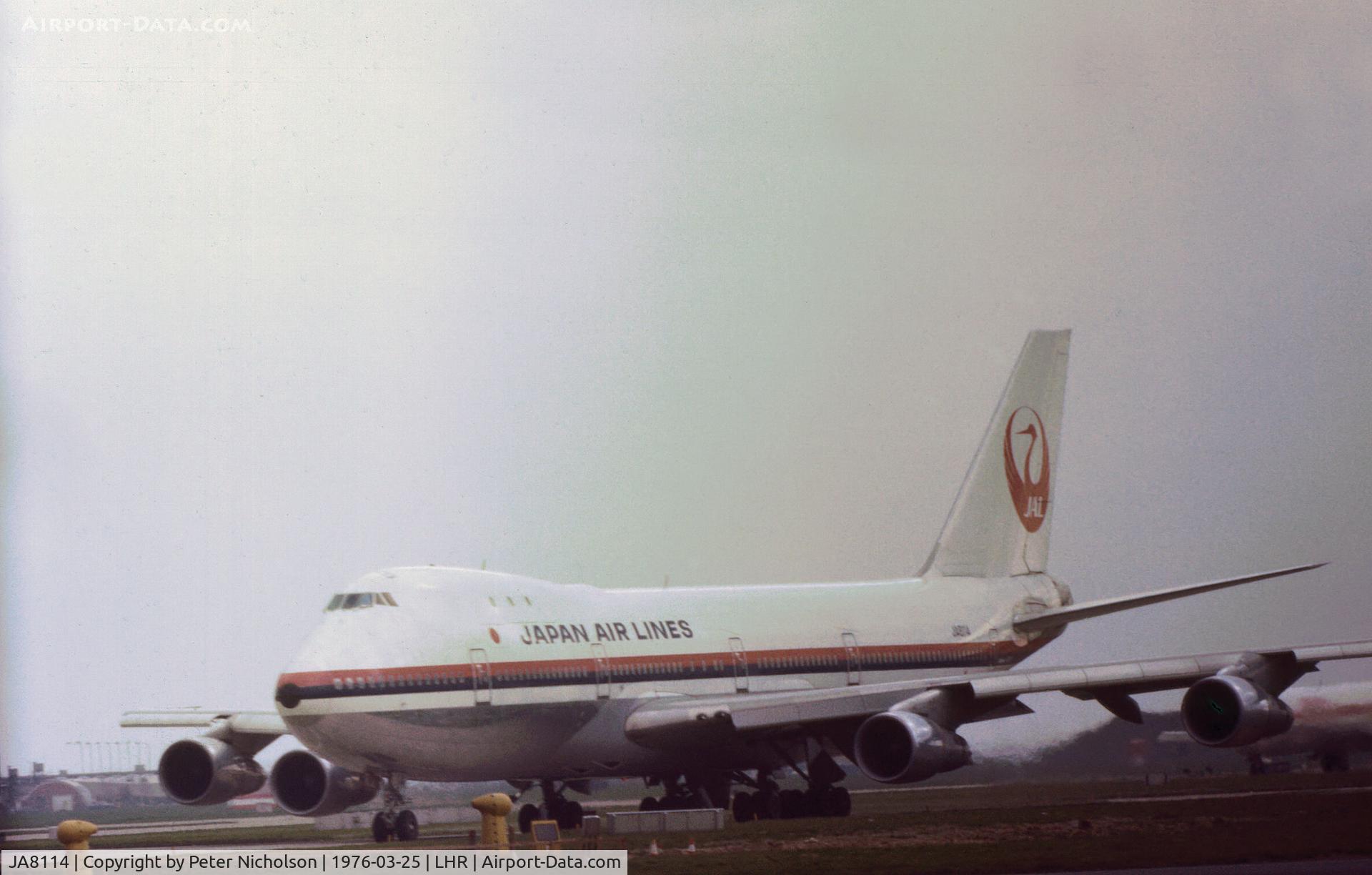 JA8114, 1972 Boeing 747-246B C/N 20530, Boeing 747-246B of Japan Air Lines seen at Heathrow in March 1976.
