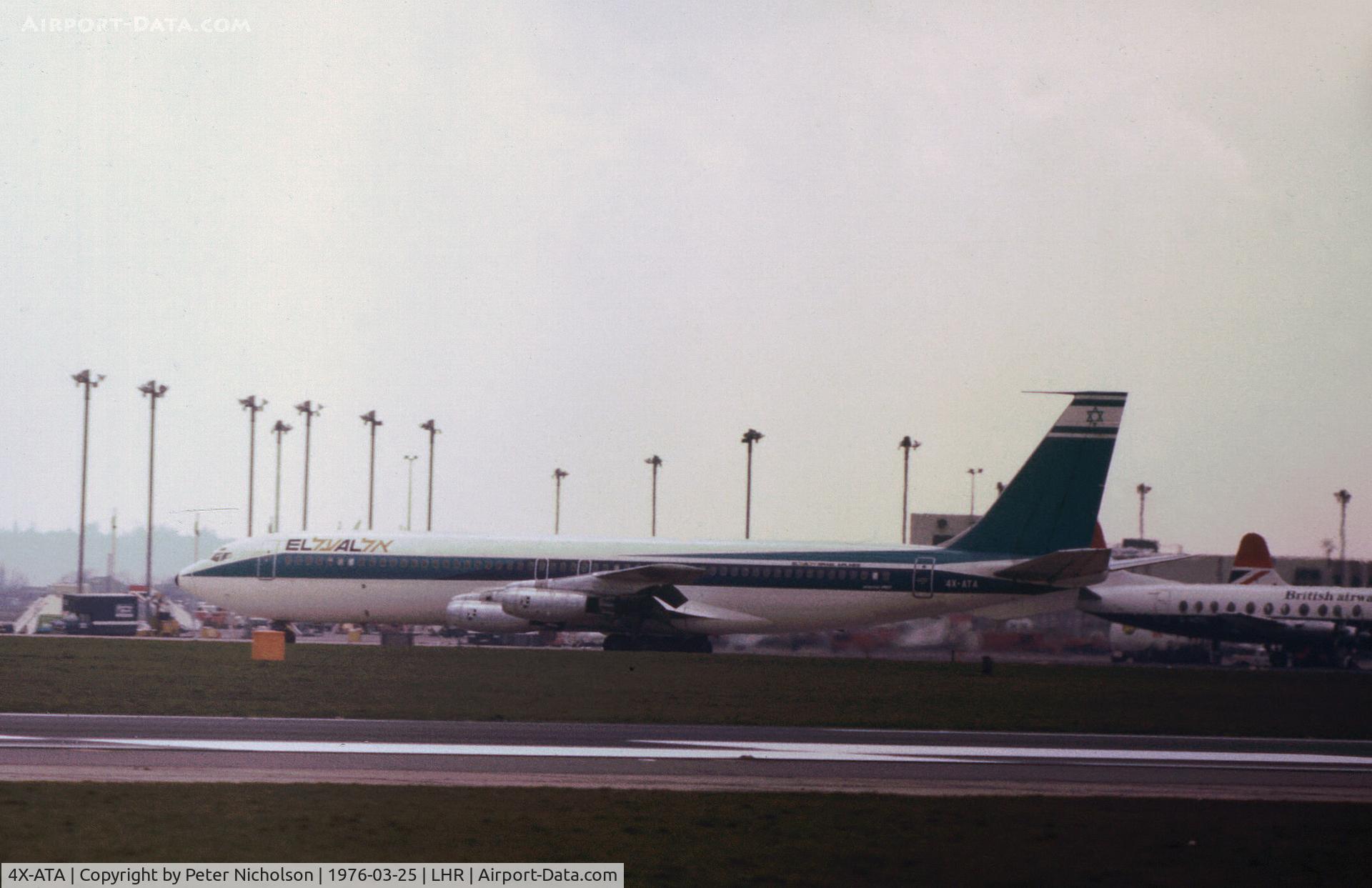 4X-ATA, 1961 Boeing 707-458 C/N 18070/205, Boeing 707-458 of El Al seen at Heathrow in March 1976.