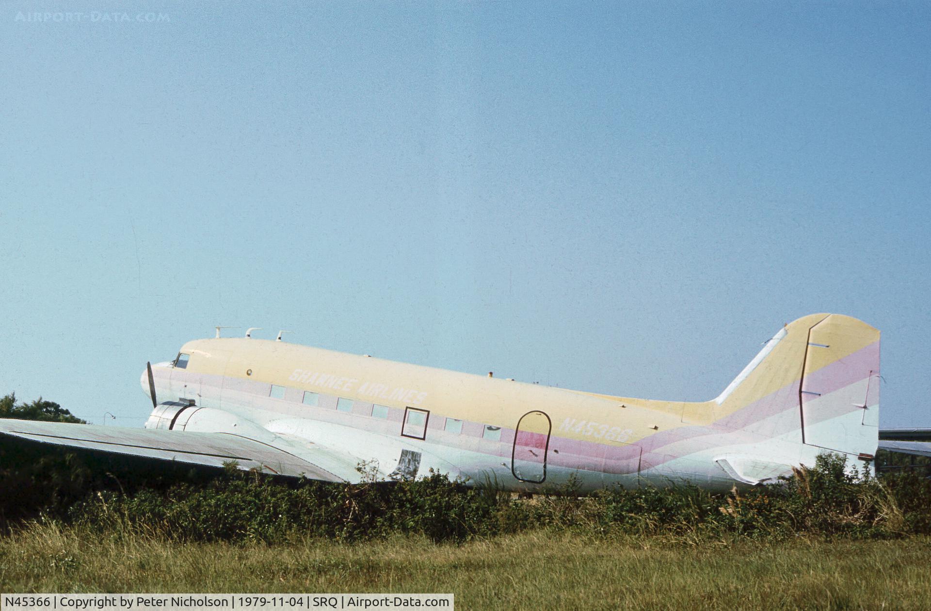 N45366, 1943 Douglas C-53D-DO Skytrooper (DC-3A) C/N 11757, C-53D ex 42-68830 of Shawnee Air Lines as seen at Sarasota in November 1979 and subsequently restored to airworthy condition with the American Airpower Heritage Flying Museum. 