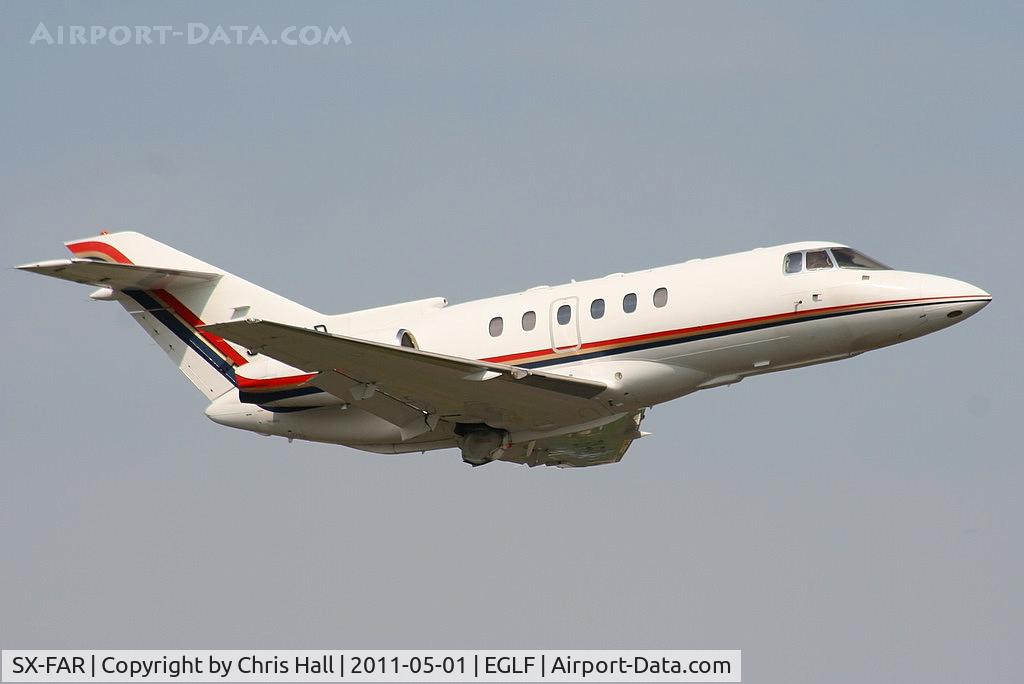 SX-FAR, 2000 Raytheon Hawker 800XP C/N 258495, departing from Farnborough