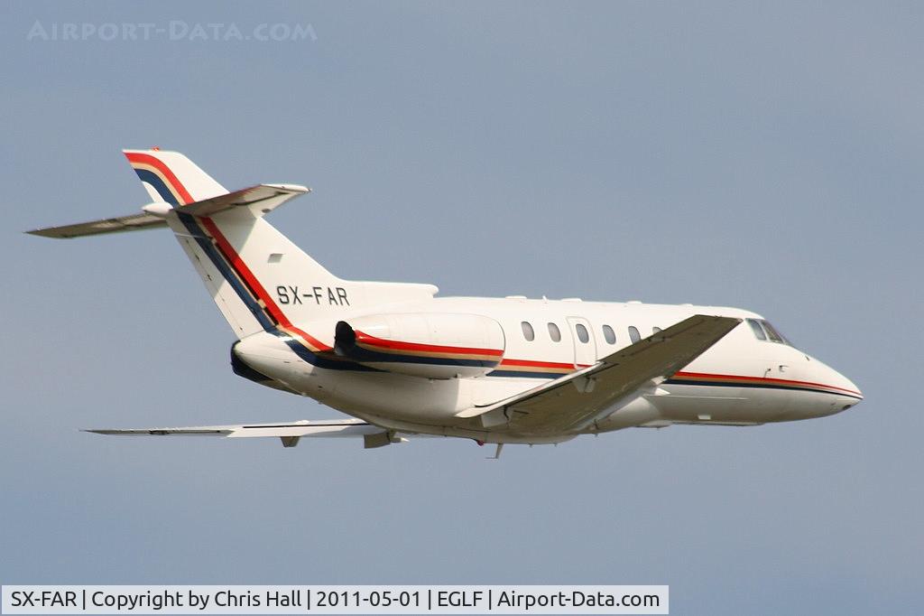 SX-FAR, 2000 Raytheon Hawker 800XP C/N 258495, departing from Farnborough