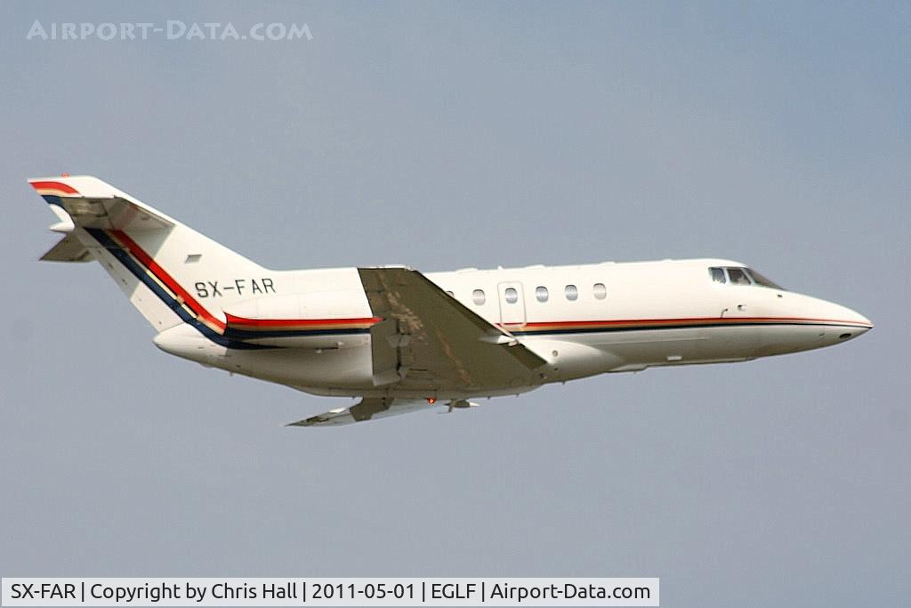 SX-FAR, 2000 Raytheon Hawker 800XP C/N 258495, departing from Farnborough