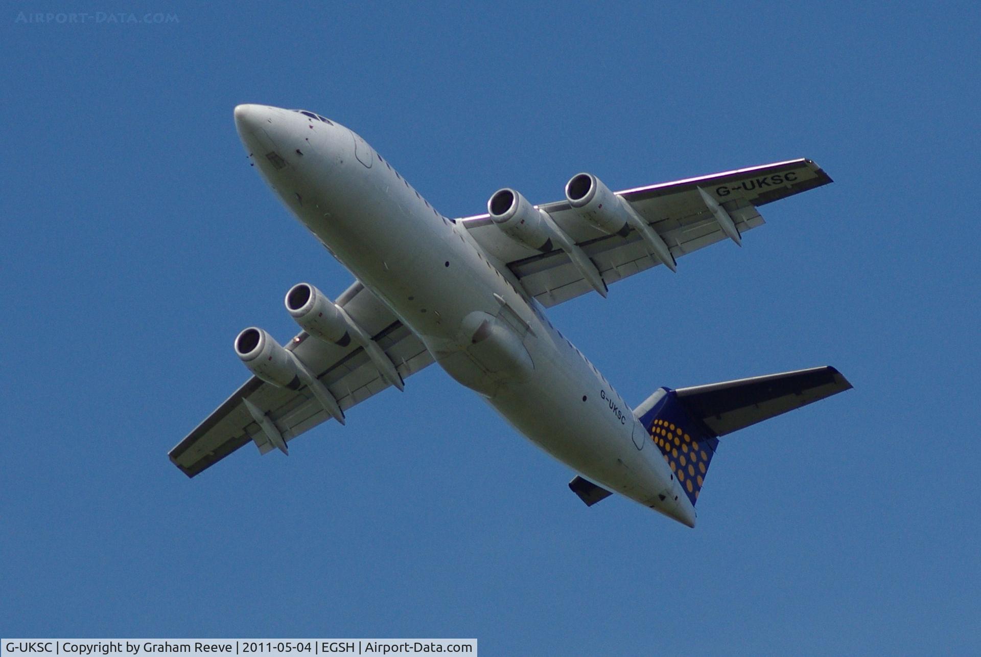 G-UKSC, 1989 British Aerospace BAe.146-300 C/N E3125, Over flying Norwich.