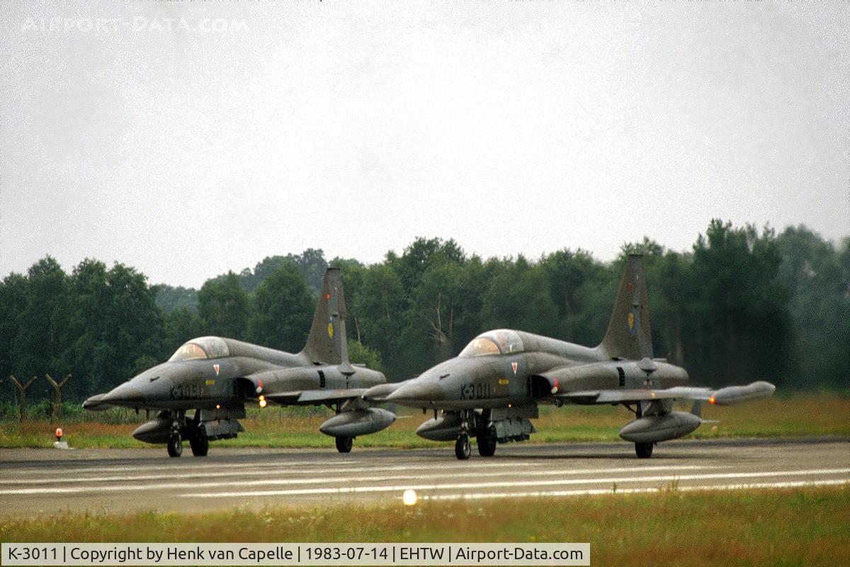 K-3011, 1970 Canadair NF-5A Freedom Fighter C/N 3011, A pair of NF-5A's of 315 sqn, K-3011 and K-3051, of the Royal Netherlands Air Force at twente air base, about to take off.