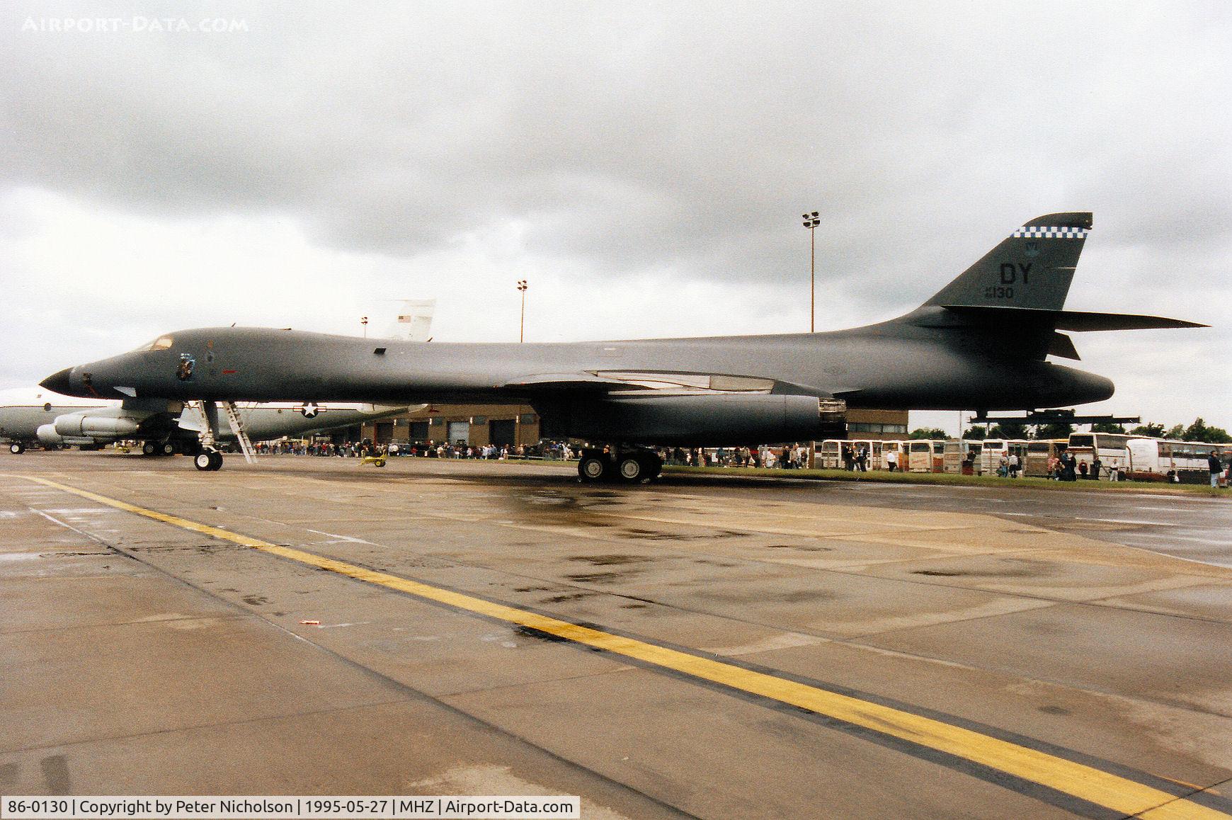86-0130, 1986 Rockwell B-1B Lancer C/N 90, B-1B Lancer, callsign Hawk 87, of 28th Bomb Squadron of Dyess AFB's 7th Bomb Wing on display at the 1995 RAF Mildenhall Air Fete.