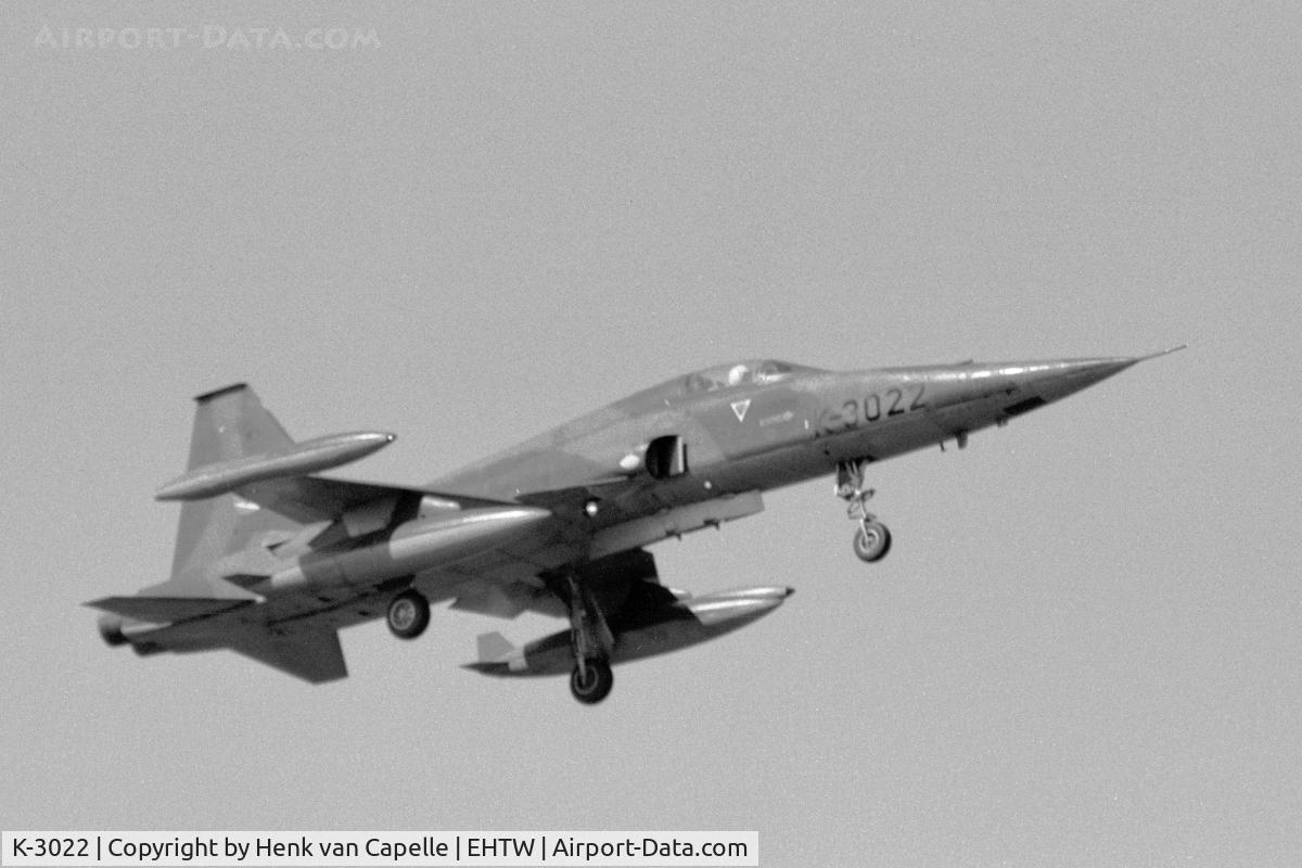 K-3022, 1970 Canadair NF-5A Freedom Fighter C/N 3022, A NF-5A fighter of 313 sqn of the Royal Netherlands Air Force about to land at Twente air base, 1980.