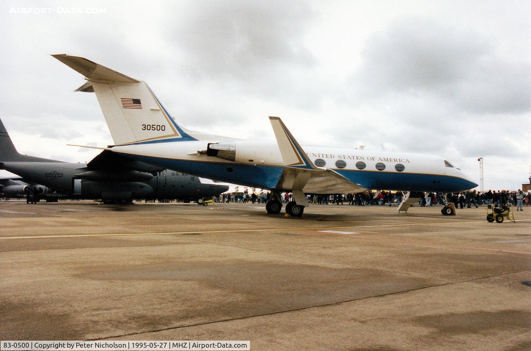 83-0500, 1983 Grumman C-20A Gulfstream III C/N 382, C-20A Gulfstream III, callsign Mot 35, of the 76th Airlift Squadron based at Ramstein on display at the 1995 RAF Mildenhall Air Fete.  This aircraft later transferred to the US Navy as 830500.
