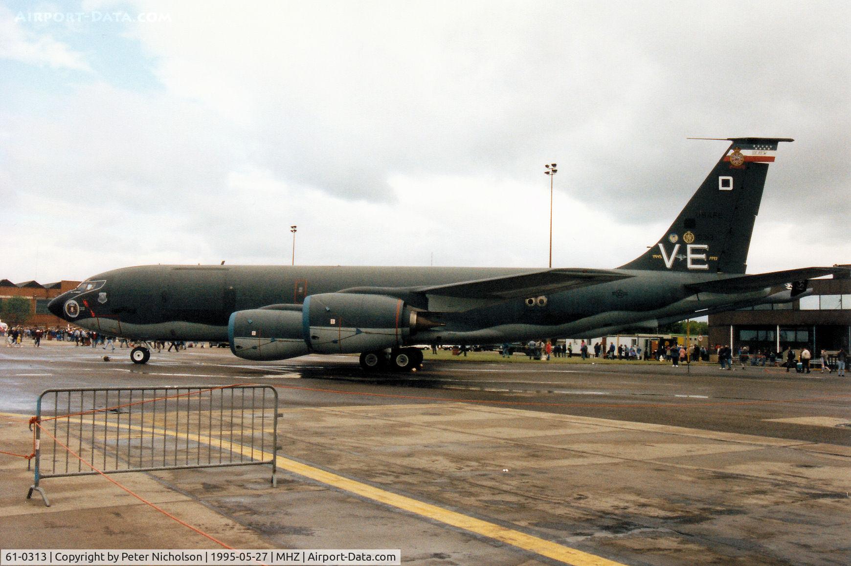 61-0313, 1961 Boeing KC-135R Stratotanker C/N 18220, KC-135R Stratotanker named 100 Proof of 100th Air Refuelling Wing based at Mildenhall on display at the 1995 RAF Mildenhall Air Fete and wearing VE day 50th anniversary markings.