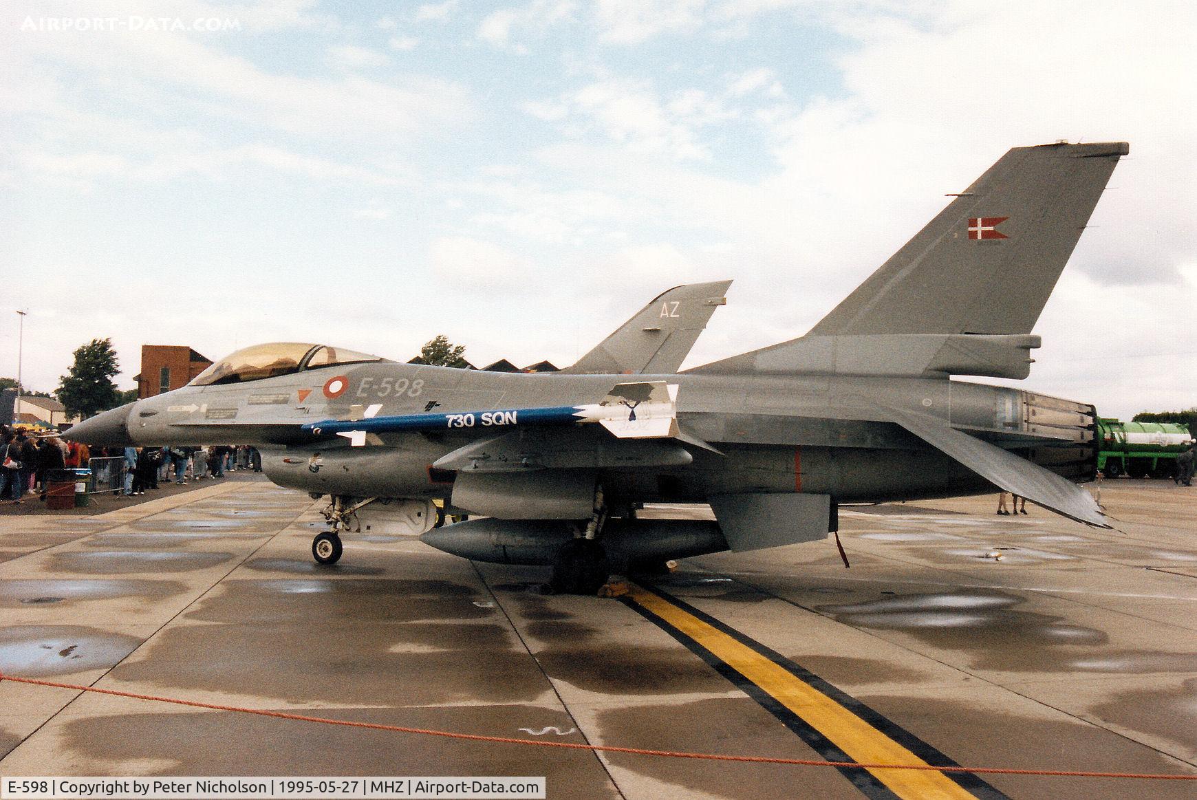 E-598, SABCA F-16AM Fighting Falcon C/N 6F-33, F-16A Falcon of Eskradille 730 of the Royal Danish Air Force based at Skrydstrup on display at the 1995 RAF Mildenhall Air Fete.