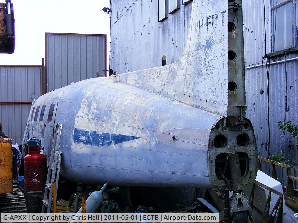 G-APXX, De Havilland Australia DHA-3 Drover Mk.2 C/N DHA5014, Rescued from the SWWAPS collection at Lasham. This is ex Qantas Drover was VH-EAS but wears the false reg number VH-FDT, now in the Parkhouse Aviation yard at Booker
