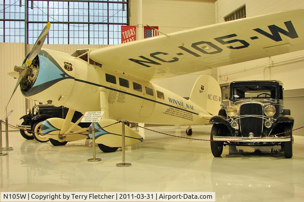 N105W, 1929 Lockheed Vega 5C C/N 72, 1929 Lockheed VEGA 5C, c/n: 72 - This aircraft was originally Independent Oil & Gas Company's executive transport. On display at the Fantasy of Flight.
