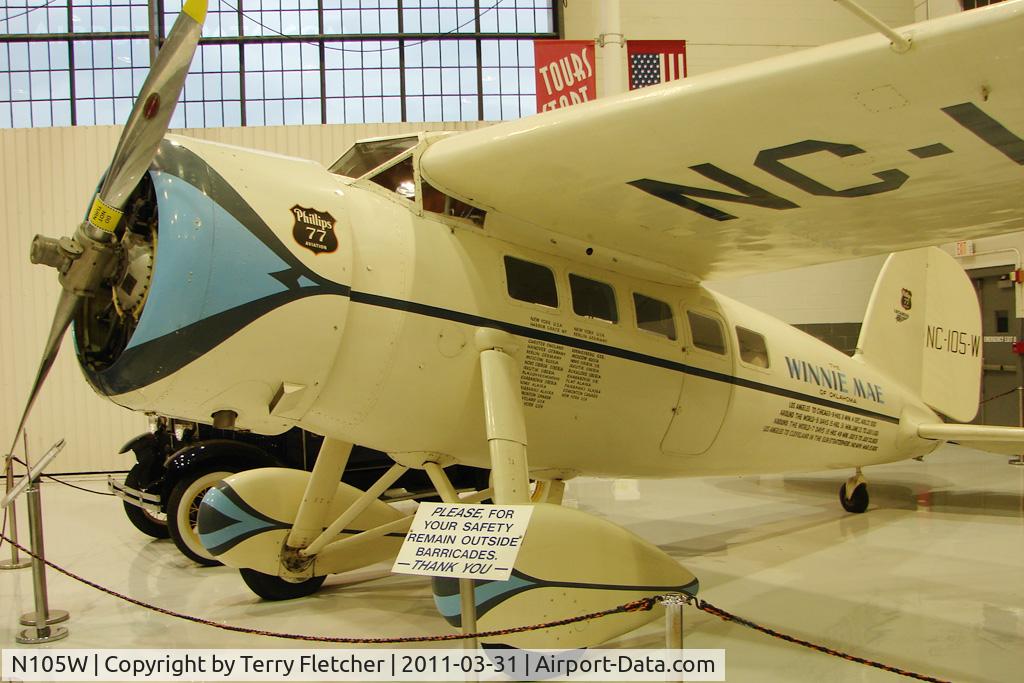N105W, 1929 Lockheed Vega 5C C/N 72, 1929 Lockheed VEGA 5C, c/n: 72 - This aircraft was originally Independent Oil & Gas Company's executive transport. On display at the Fantasy of Flight