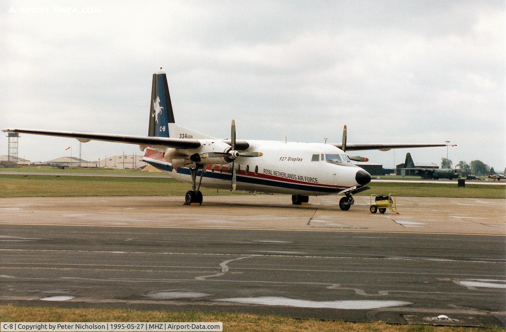 C-8, 1960 Fokker F-27-300M Troopship C/N 10158, F-27M Troopship display aircraft of 334 Squadron of the Royal Netherlands Air Force on the flight-line at the 1995 RAF Mildenhall Air Fete.