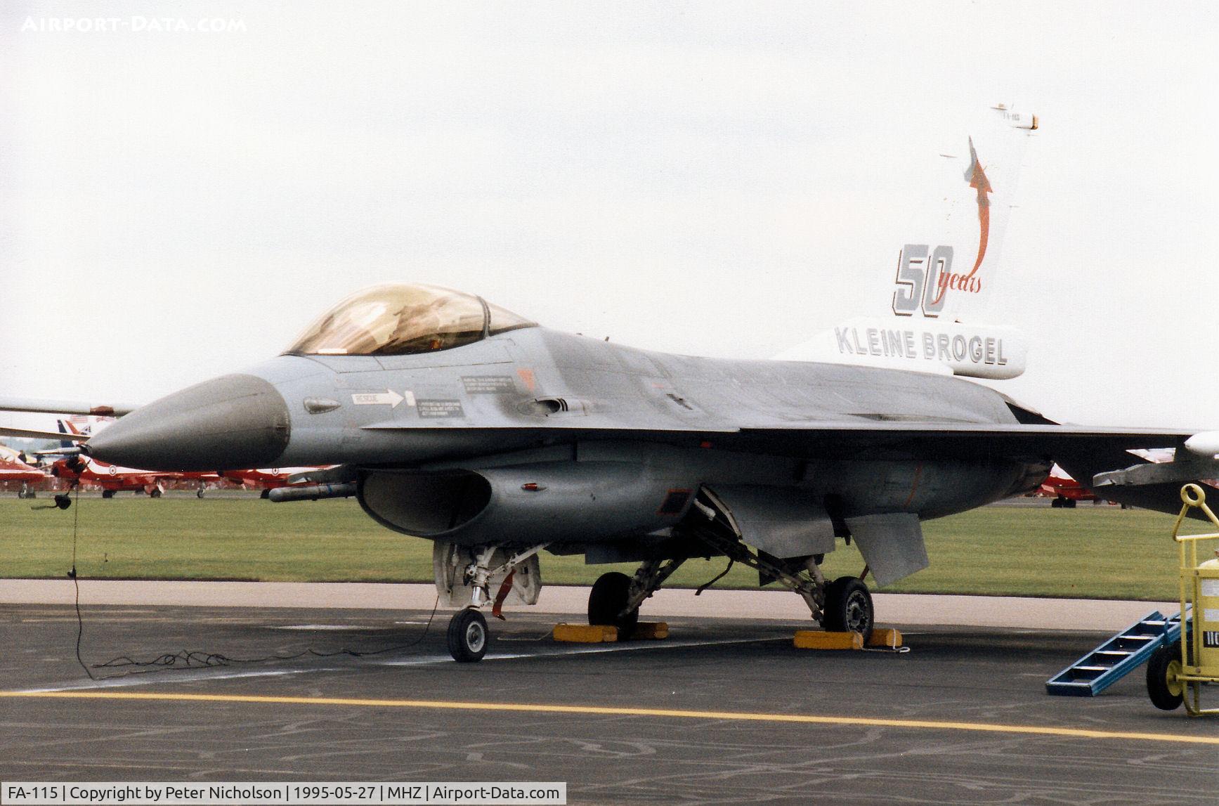 FA-115, SABCA F-16AM Fighting Falcon C/N 6H-115, F-16A Falcon of 10 Wing of the Belgian Air Force on the flight-line at the 1995 RAF Mildenhall Air Fete with markings for 50 years celebrations for Kleine-Brogel Air Base.