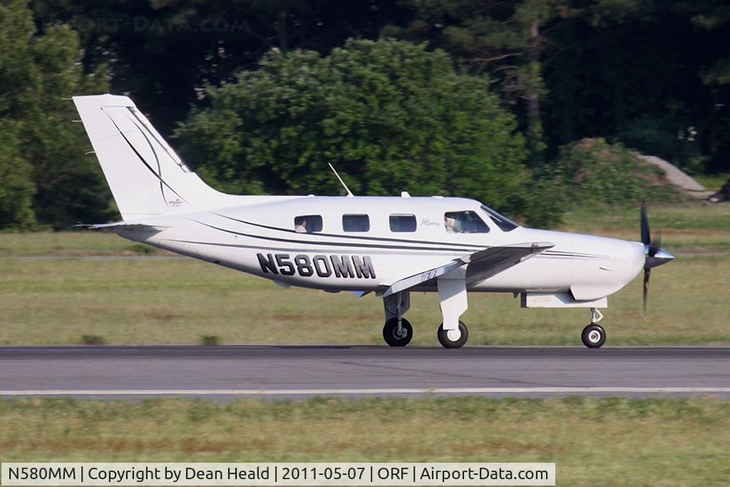 N580MM, 2008 Piper PA-46R-350T Malibu Matrix C/N 4692080, Ocean Abaco, LLC 2008 Piper Malibu Mirage N580MM rolling out on RWY 23 after arrival from Frederick Municipal Airport (KFDK), Frederick, MD.