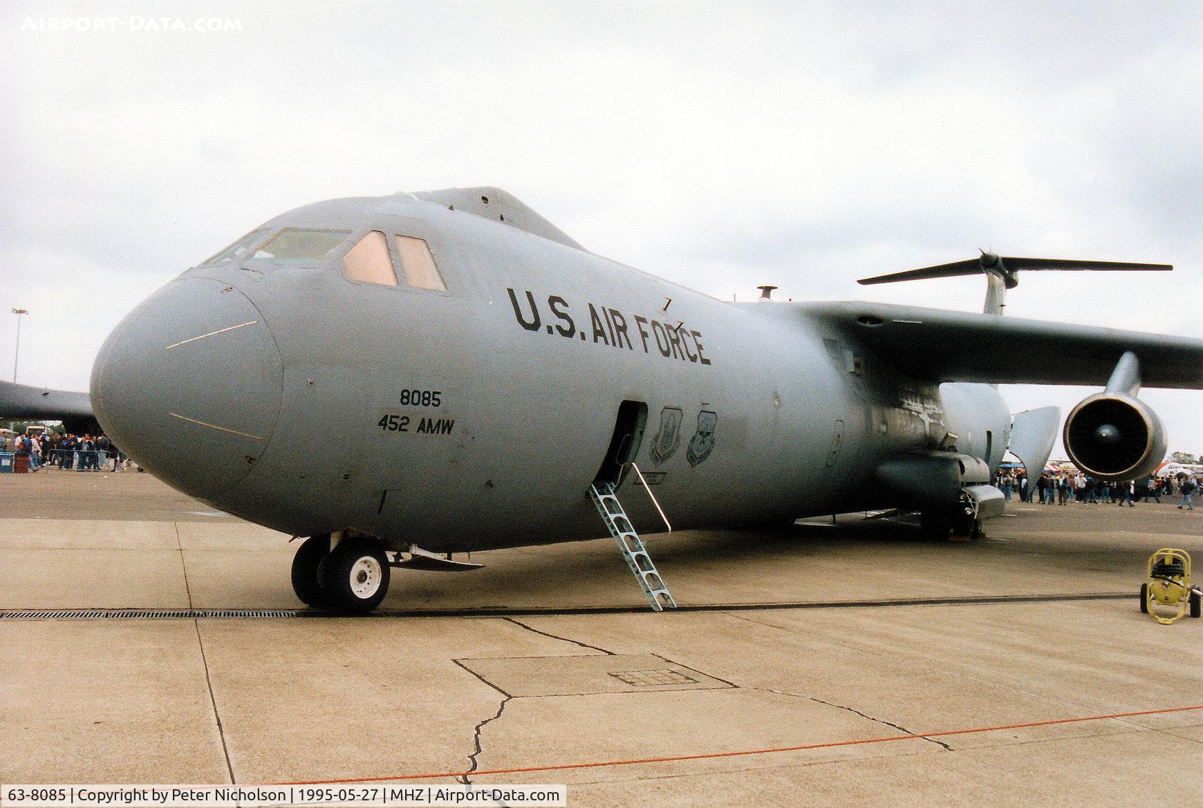 63-8085, 1963 Lockheed C-141B Starlifter C/N 300-6016, C-141B Starlifter, callsign Reach 38085, of the 452nd Air Mobility Wing on display at the 1995 RAF Mildenhall Air Fete.