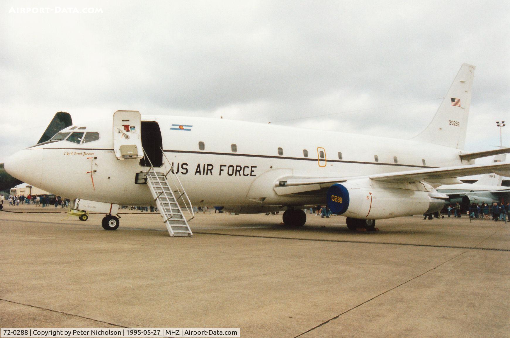 72-0288, 1972 Boeing T-43A Bobcat C/N 20695, T-43A Bobcat named City of Grand Junction, callsign Dillon 2, of the Colorado ANG's 200th Airlift Squadron on display at the 1995 RAF Mildenhall Air Fete.