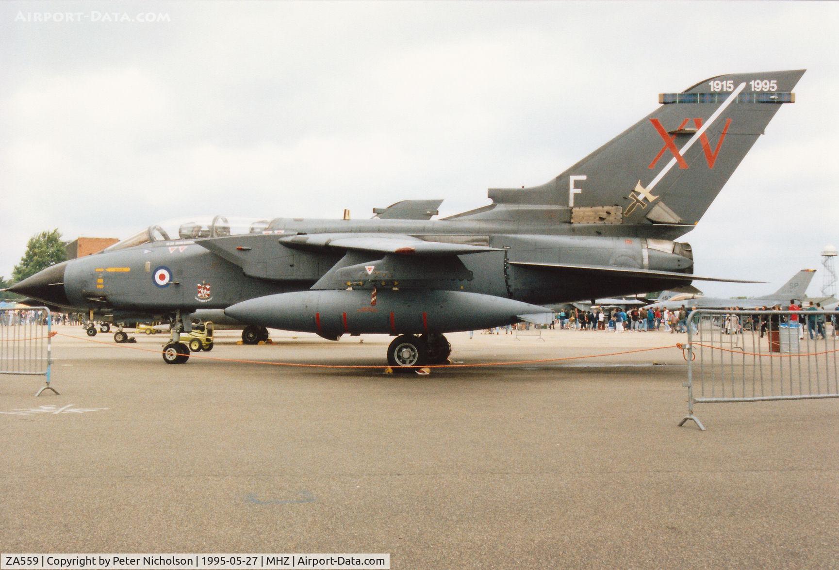 ZA559, 1981 Panavia 081/BS023/3043 C/N 081/BS023/3043, Tornado GR.1 of RAF Lossiemouth's 15[Reserve] Squadron with 80th anniversary markings on display at the 1995 RAF Mildenhall Air Fete.