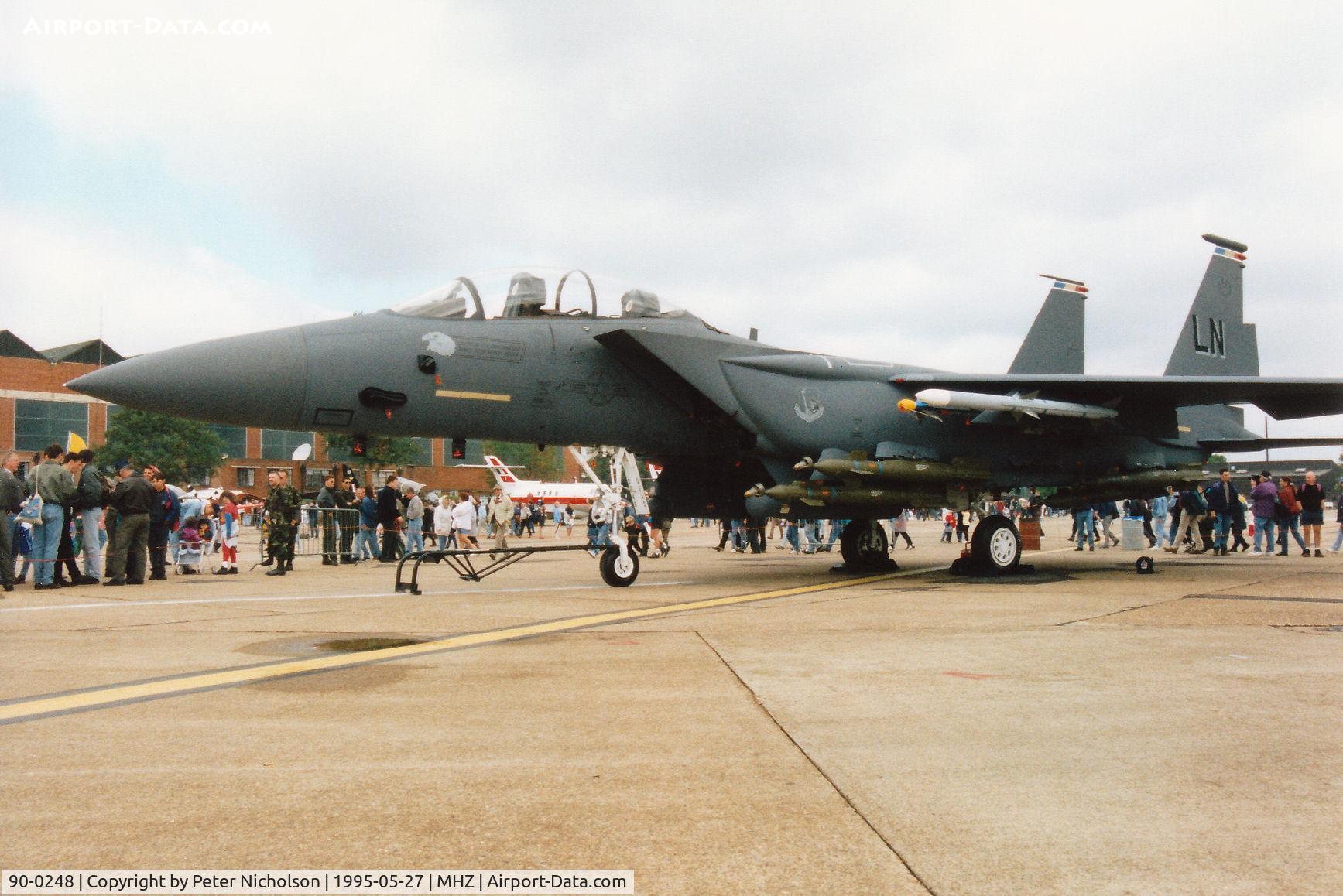 90-0248, 1990 McDonnell Douglas F-15E Strike Eagle C/N 1183/E150, F-15E Strike Eagle, callsign Brew 01, of RAF Lakenheath's 492nd Fighter Squadron/48th Fighter Wing on display at the 1995 RAF Mildenhall Air Fete.