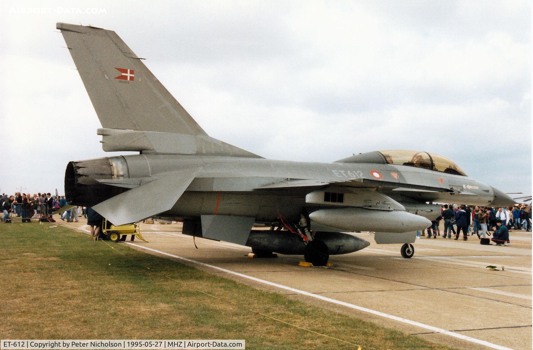 ET-612, SABCA F-16B Fighting Falcon C/N 6G-9, F-16B Falcon of Eskradille 730 Royal Danish Air Force based at Skrydstrup on display at the 1995 RAF Mildenhall Air Fete.