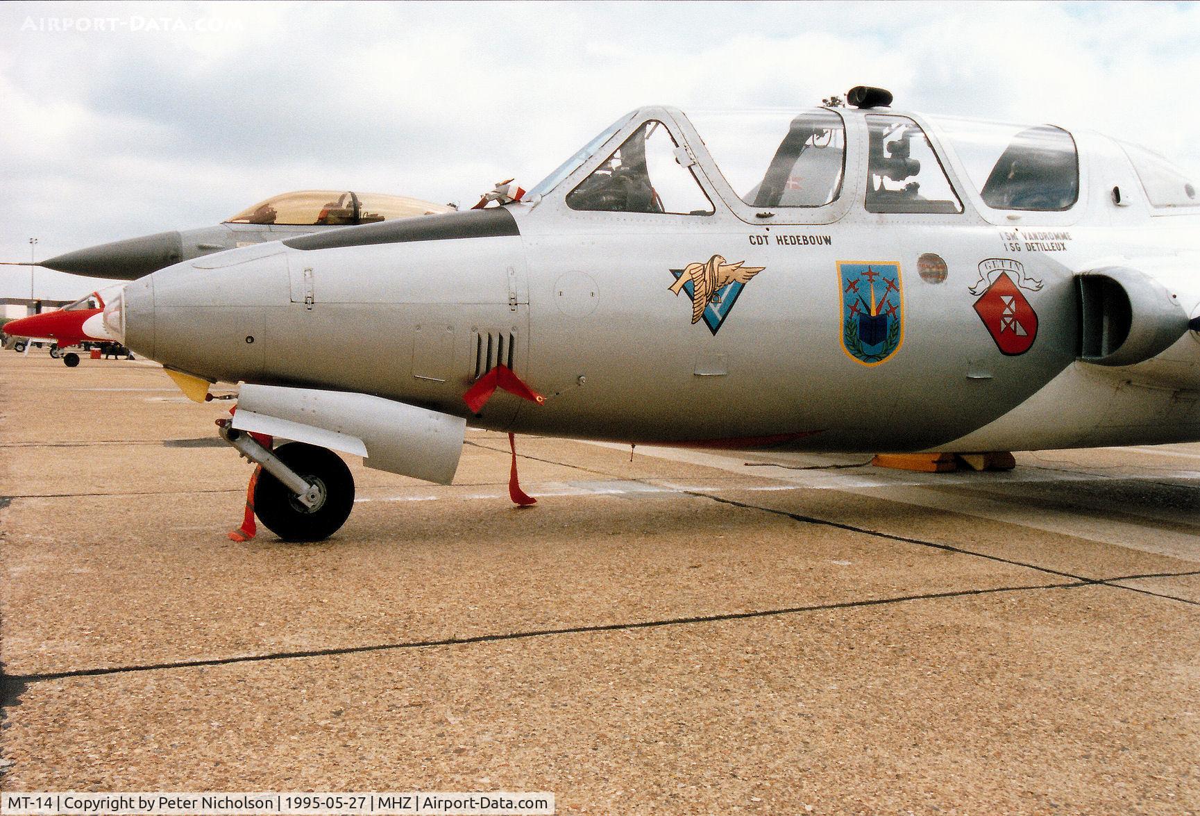 MT-14, Fouga CM-170R Magister C/N 271, CM-170R Magister of 33 Squadron Belgian Air Force with 35th anniversary markings on display at the 1995 RAF Mildenhall Air Fete.