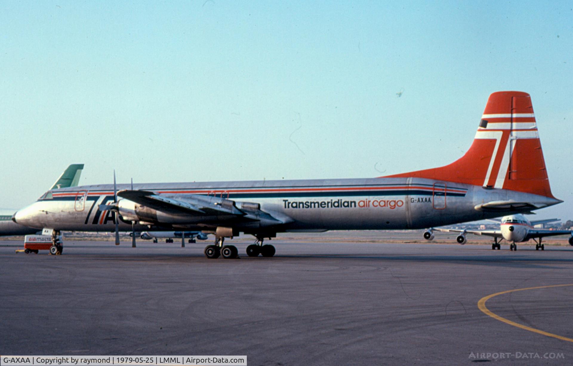 G-AXAA, 1960 Canadair CL-44D4-2 C/N 18, CL44 G-AXAA Transmeridian Air Cargo