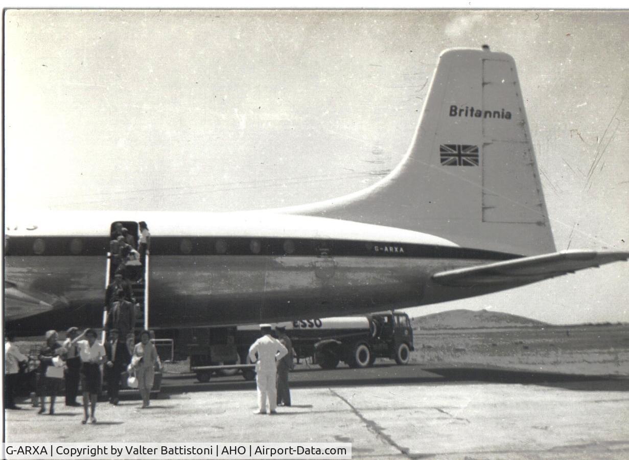 G-ARXA, 1957 Bristol 175 Britannia 313 C/N 13234, The aircraft was in early BUA livery. It operated charter flights to Alghero (Sardinia, Italy). The picture was taken probably in the summer 1961.