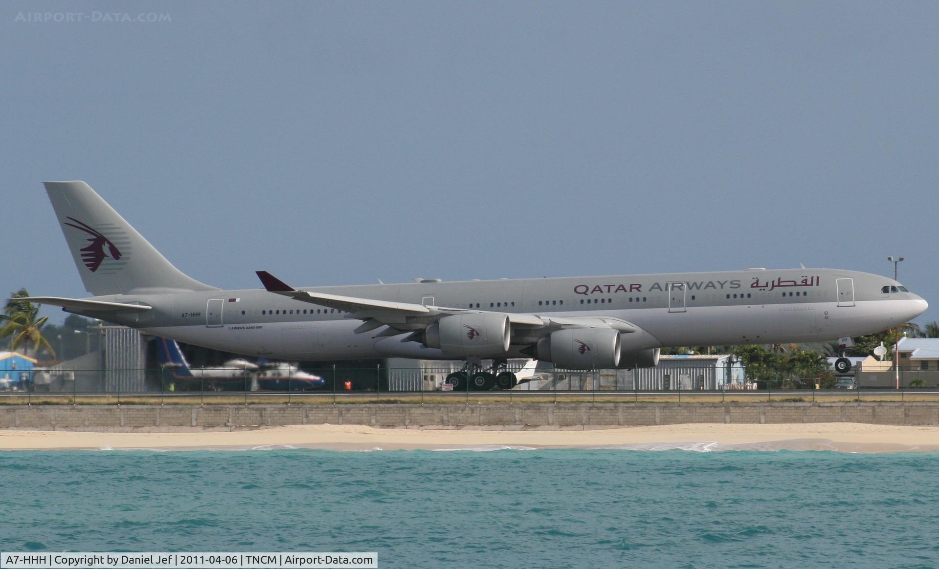 A7-HHH, 2003 Airbus A340-541 C/N 495, Qatar Airways departing TNCM