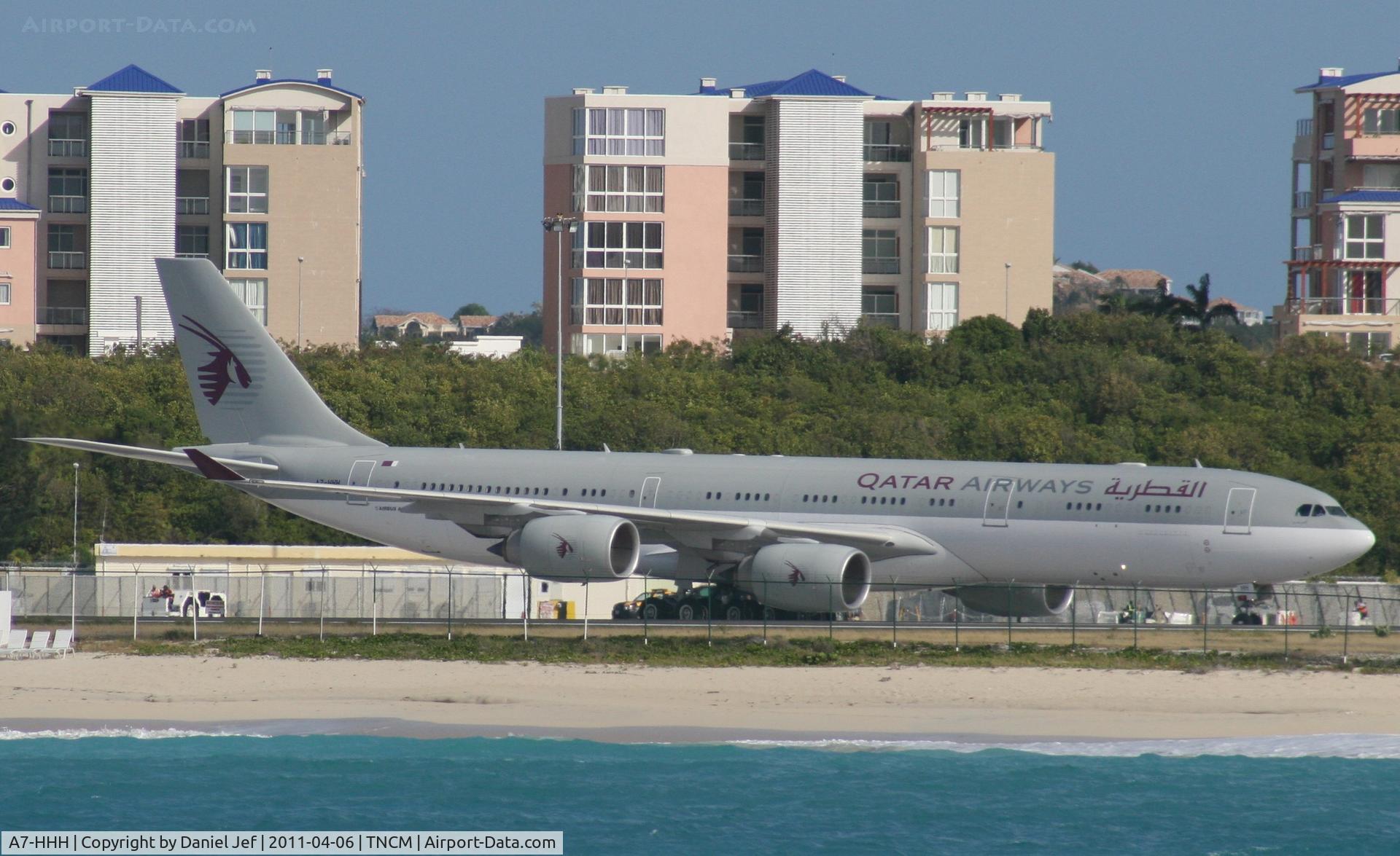 A7-HHH, 2003 Airbus A340-541 C/N 495, Qatar Airways getting there engines started befor taxing to the holding point Charlie for take off at TNCM