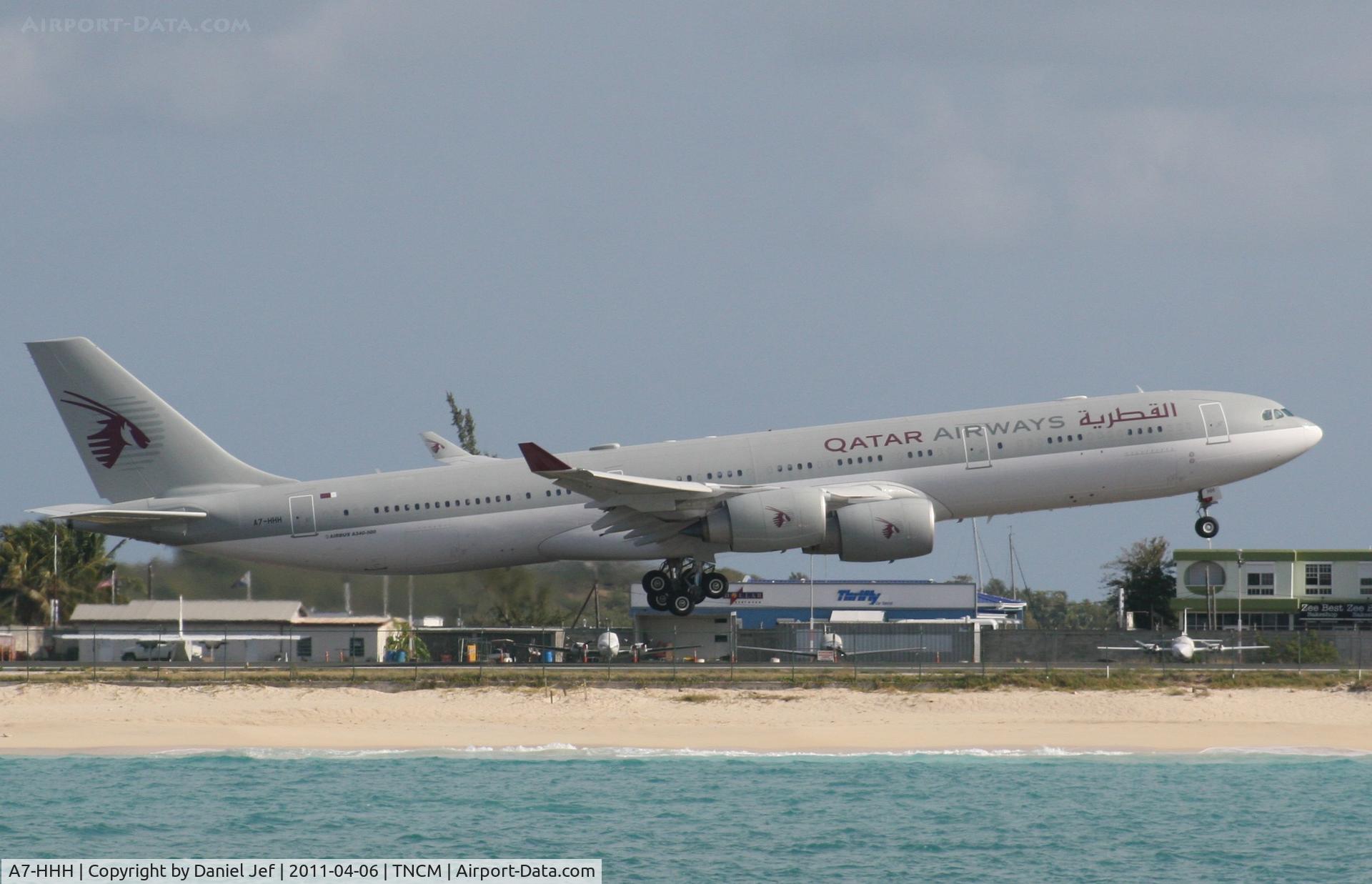 A7-HHH, 2003 Airbus A340-541 C/N 495, A7-HHH departing TNCM for TLPC